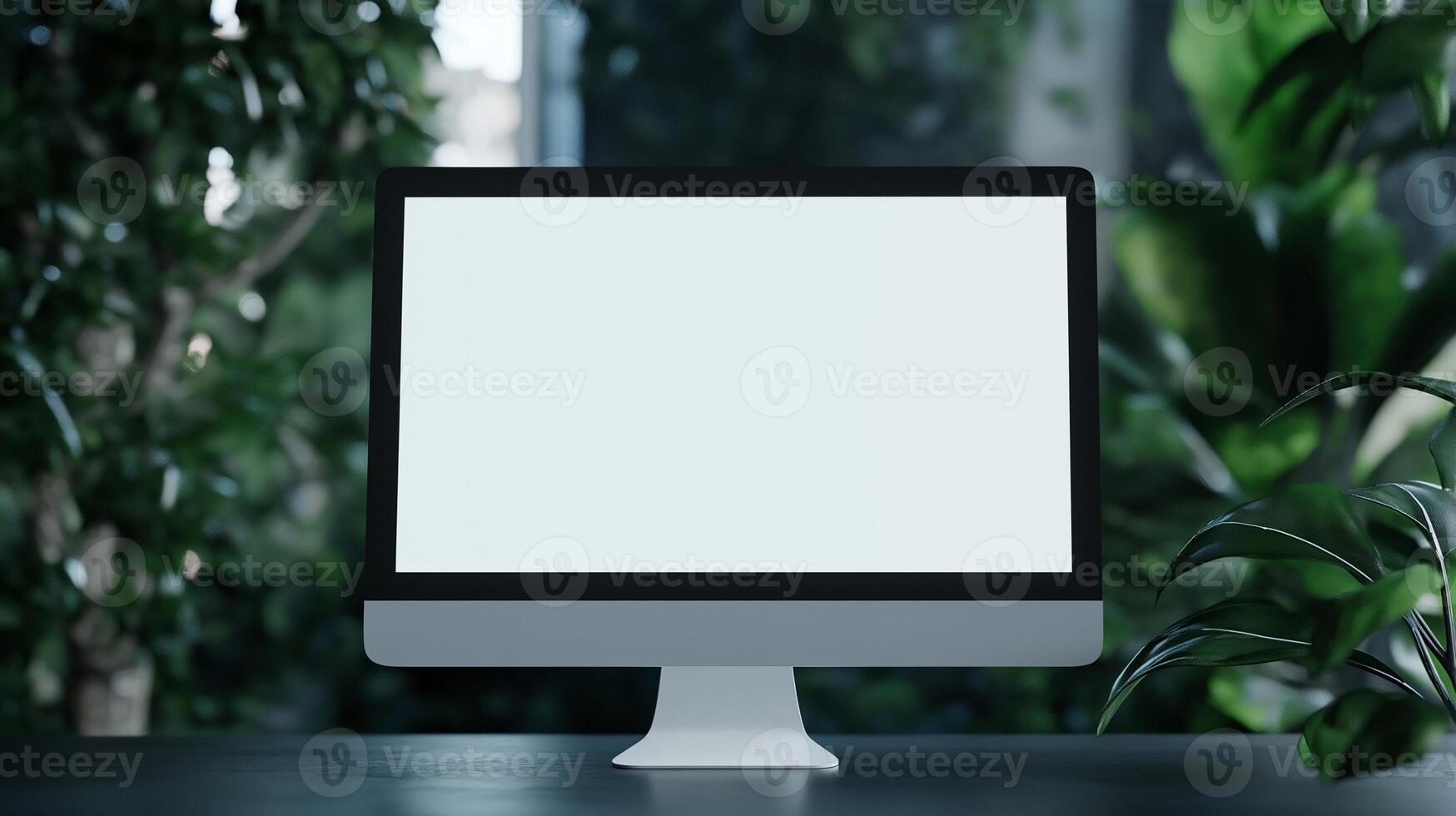 Monitor mockup against tropical plants. Creating productive atmosphere in office with houseplants and pc template advertising image. Gloving screen mock up product photorealistic photo