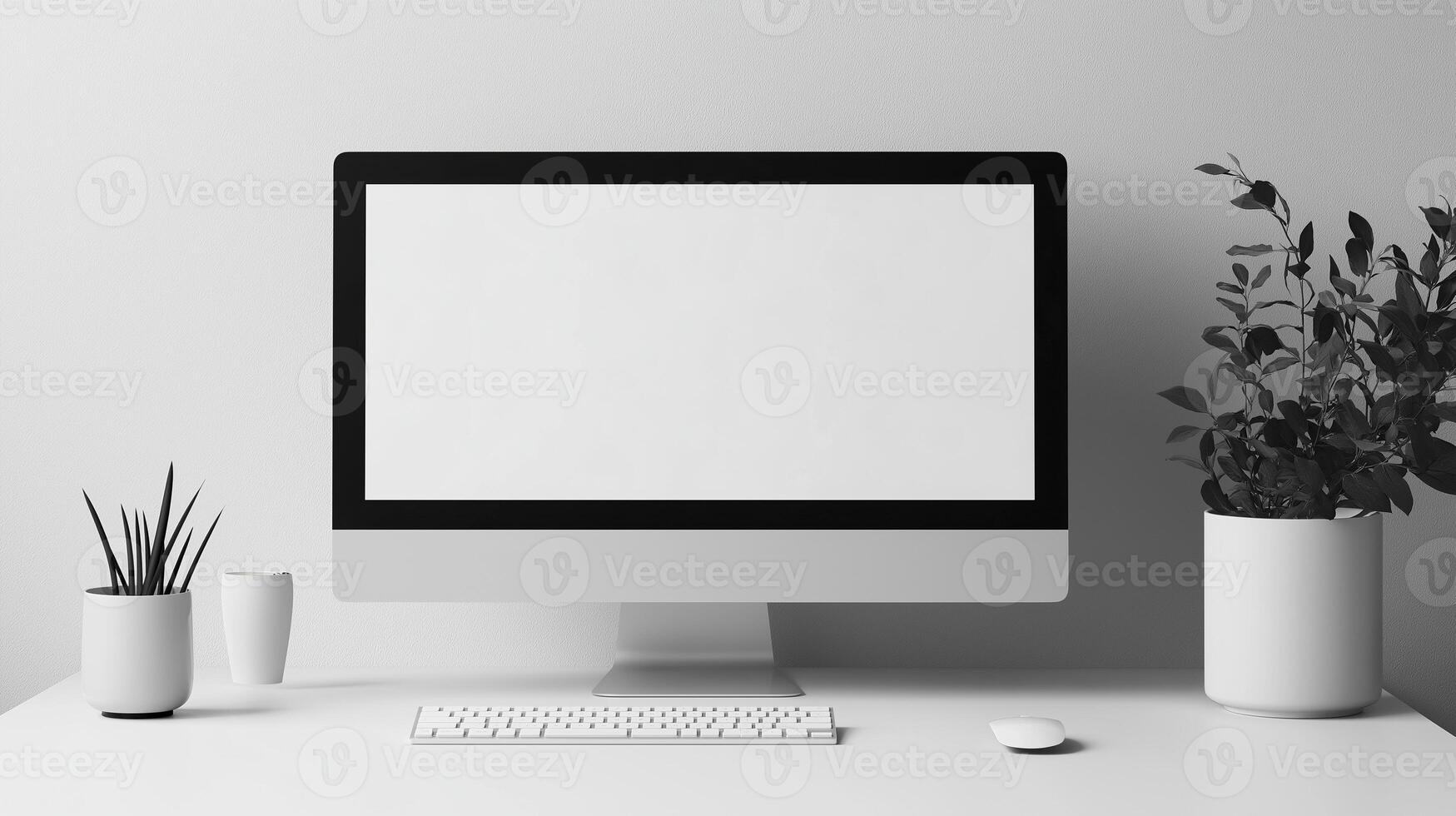 Computer screen mockup with houseplants near white wall. Digital equipment of corporate office template advertising image. Pc monitor mock up on desk product photorealistic photo