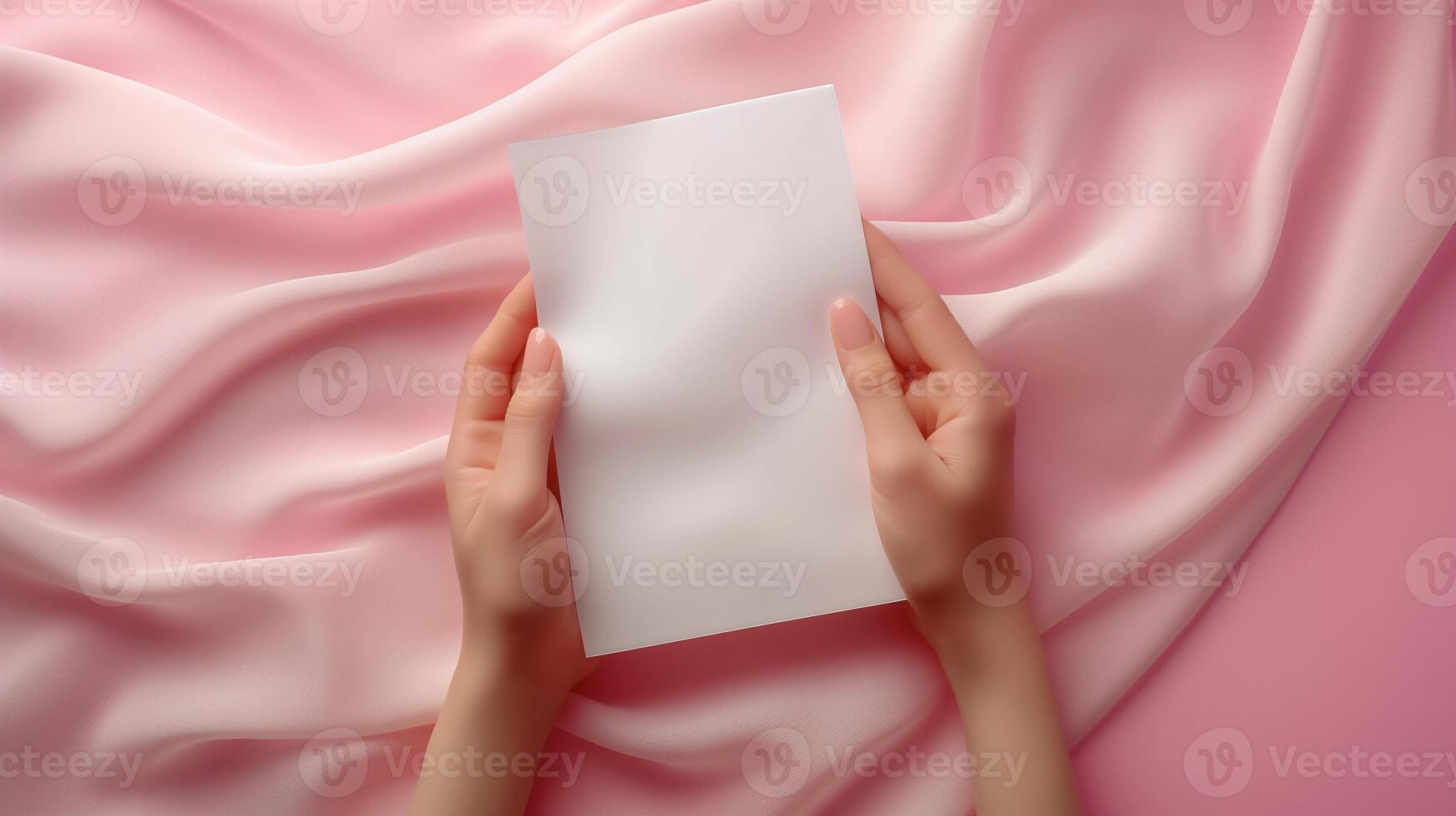 Hands holding blank card invitation mockup against flowing pink satin fabric. Softness, elegance, delicate personal message template advertising image. Mock up product photorealistic photo