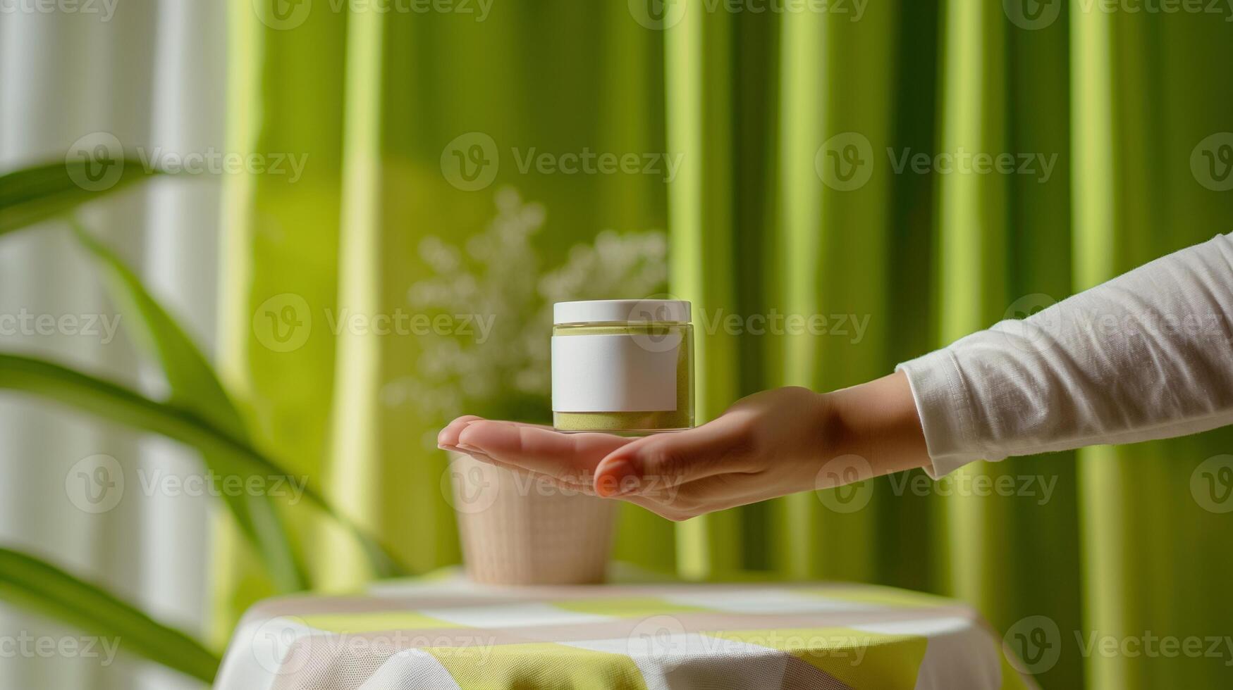 Hand presenting green jar with blank label mockup against natural background. Eco-conscious promoting cosmetics template advertising image. Cream container. Mock up product realistic photo