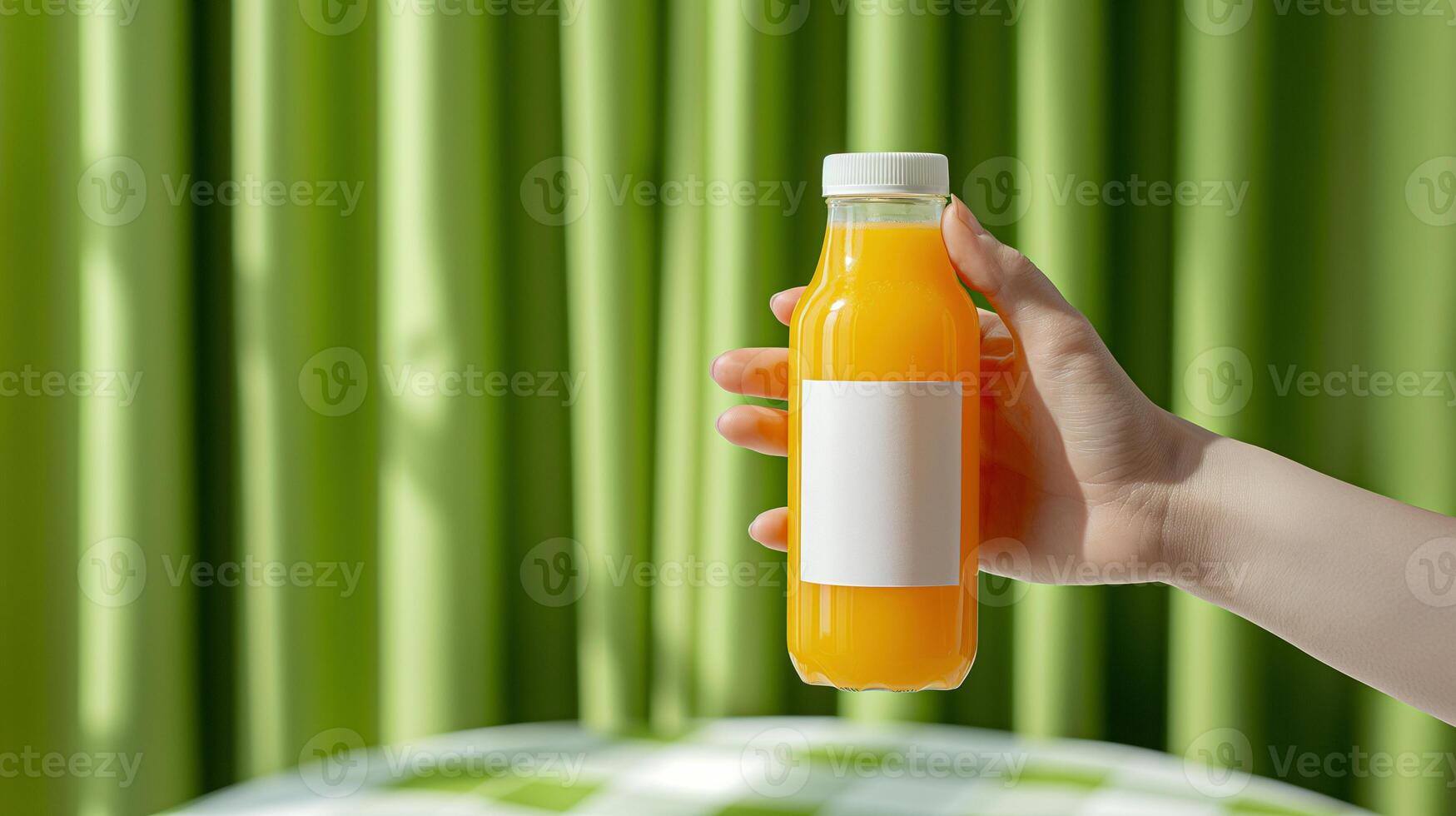 Hand holding orange juice bottle with blank label mockup against green curtain. Promoting healthy beverage template advertising image. Eco-friendly packaging. Mock up product realistic photo