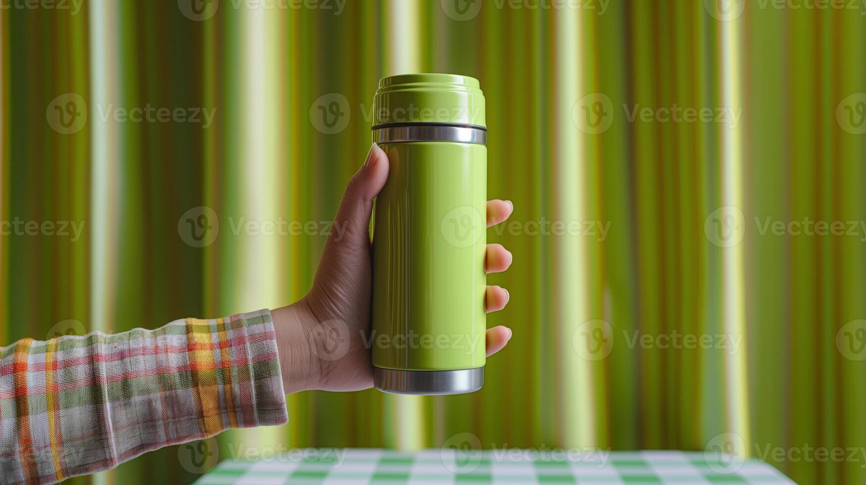 Hand holding green thermos mockup against satin curtain tablecloth chequered. Stainless steel eco-friendly bottle beverage template advertising image. Mock up product photorealistic photo