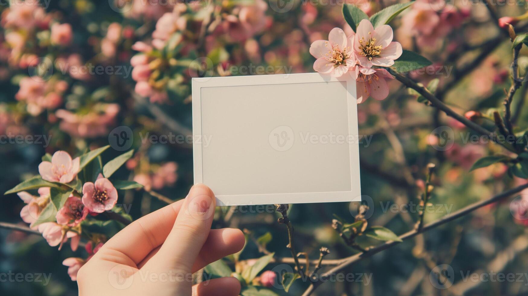 Hand holding blank photo frame mockup with blooming flowers in soft focus. Blossoming branches nostalgic memories photoframe template advertising image. Mock up photorealistic
