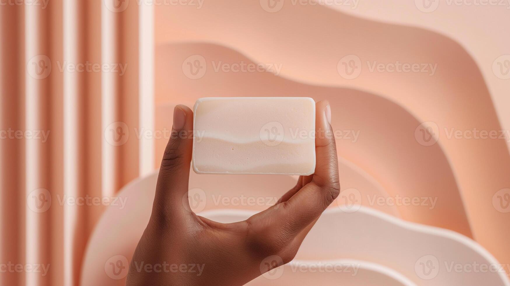 Hand holding natural soap bar mockup against wavy peach sculptural backdrop. Skincare, wellness, beauty of simplicity template advertising image. Mock up product photorealistic photo