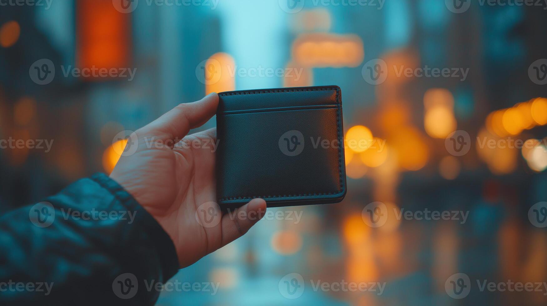 Hand holding leather black wallet mockup with blurred cityscape dusk. Soft bokeh lights urban atmosphere. Fashion accessory template advertising image. Mock up product photorealistic photo