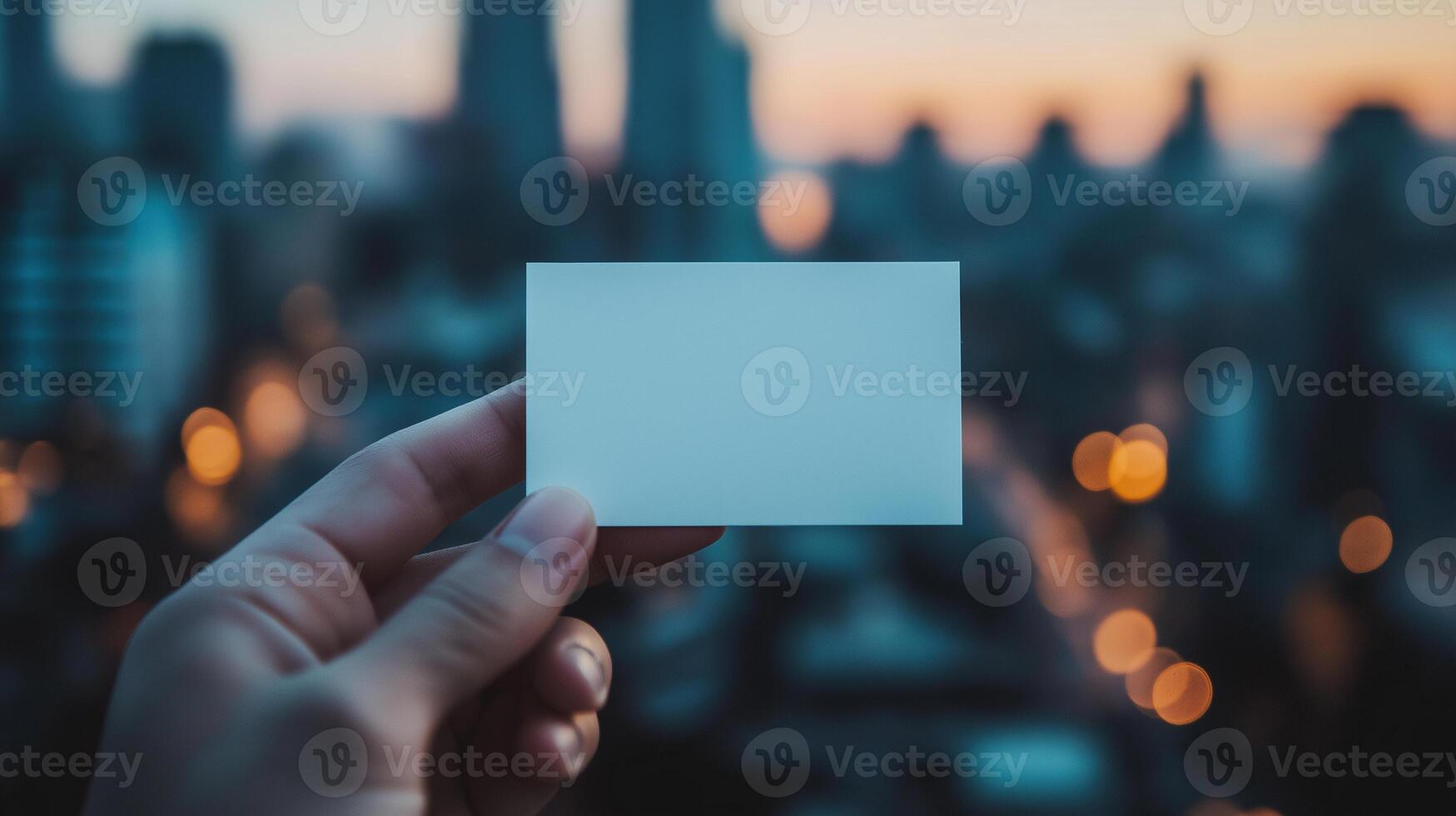 Hand holding blank card mockup against blurred urban skyline at twilight. Soft city lights. Branding messaging businesscard template advertising image. Mock up product photorealistic photo