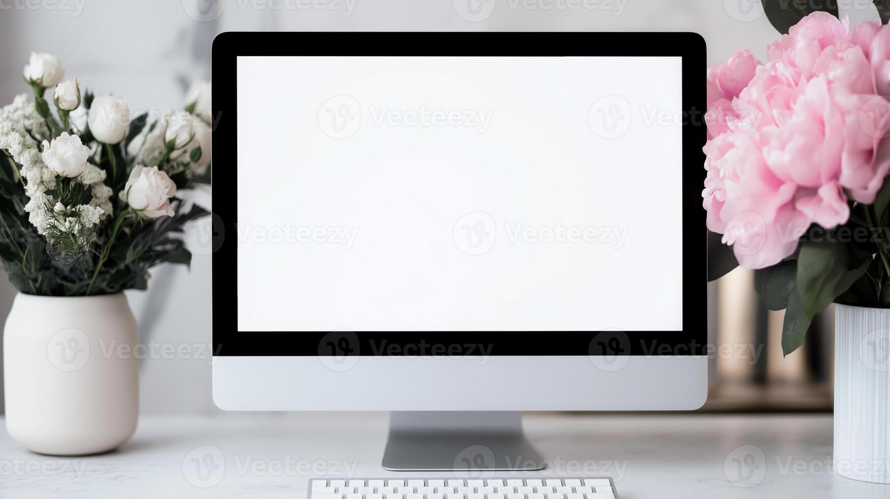 Office employee workplace with flowers and monitor mockup. Festive arrangement at office workplace template advertising image. Computer display mock up product photorealistic photo
