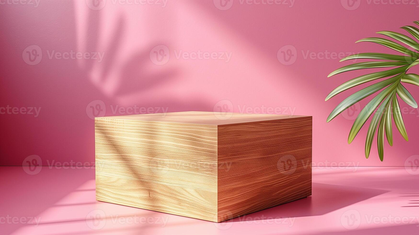 Wooden block and palm leaf in pink space banner background copy space. Product demonstration podium image backdrop empty. Advertisement concept composition front view, copyspace photo