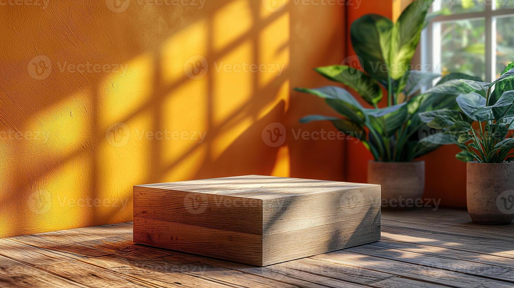 Rough wooden stage indoors banner background copy space. Wood stand near window image backdrop empty. Product presentation design concept composition front view, copyspace photo