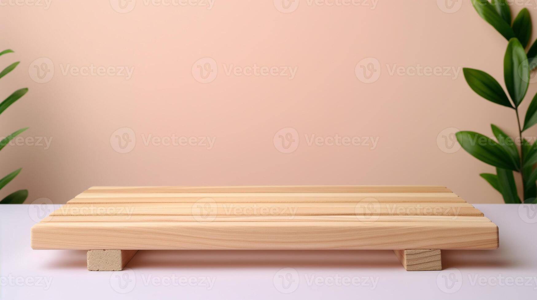 Timber board stand with branches banner background copy space. Display of natural wood by pink wall image backdrop empty. Goods placement concept composition front view, copyspace photo