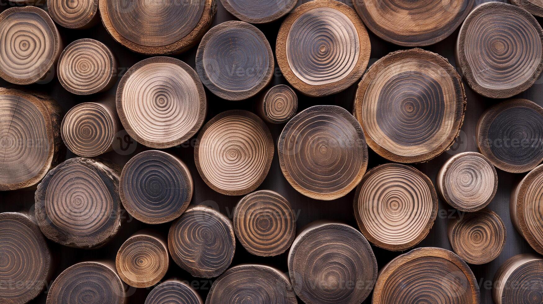 Arrangement of wooden log banner background copy space. Cut tree trunk sections ornament image backdrop empty. Timber patterns composition concept composition top view, copyspace photo