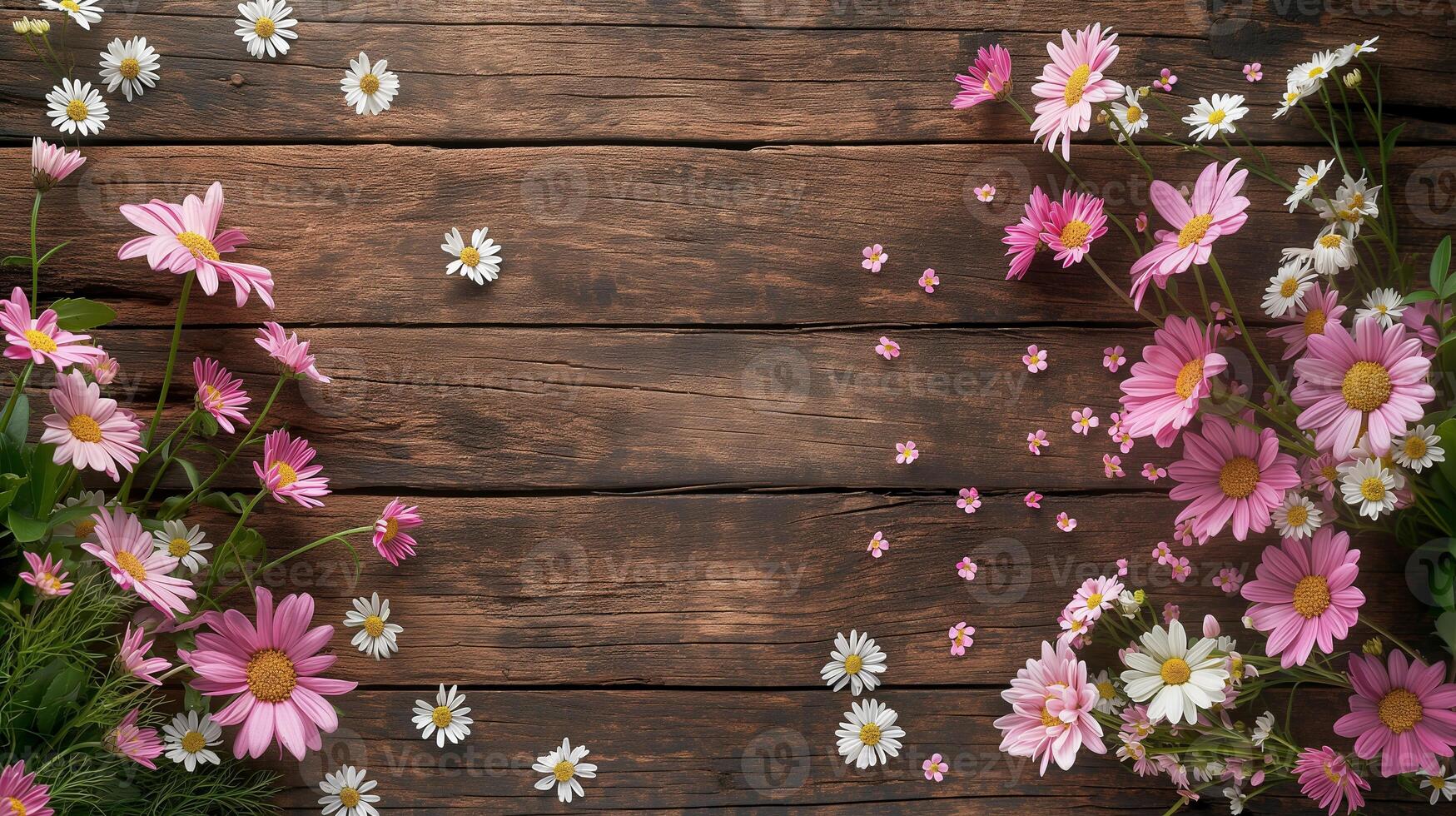 Gentle windflowers on wooden surface banner background copy space. Summer blossom frame on table image backdrop empty. Fresh flowers pattern concept composition top view, copyspace photo