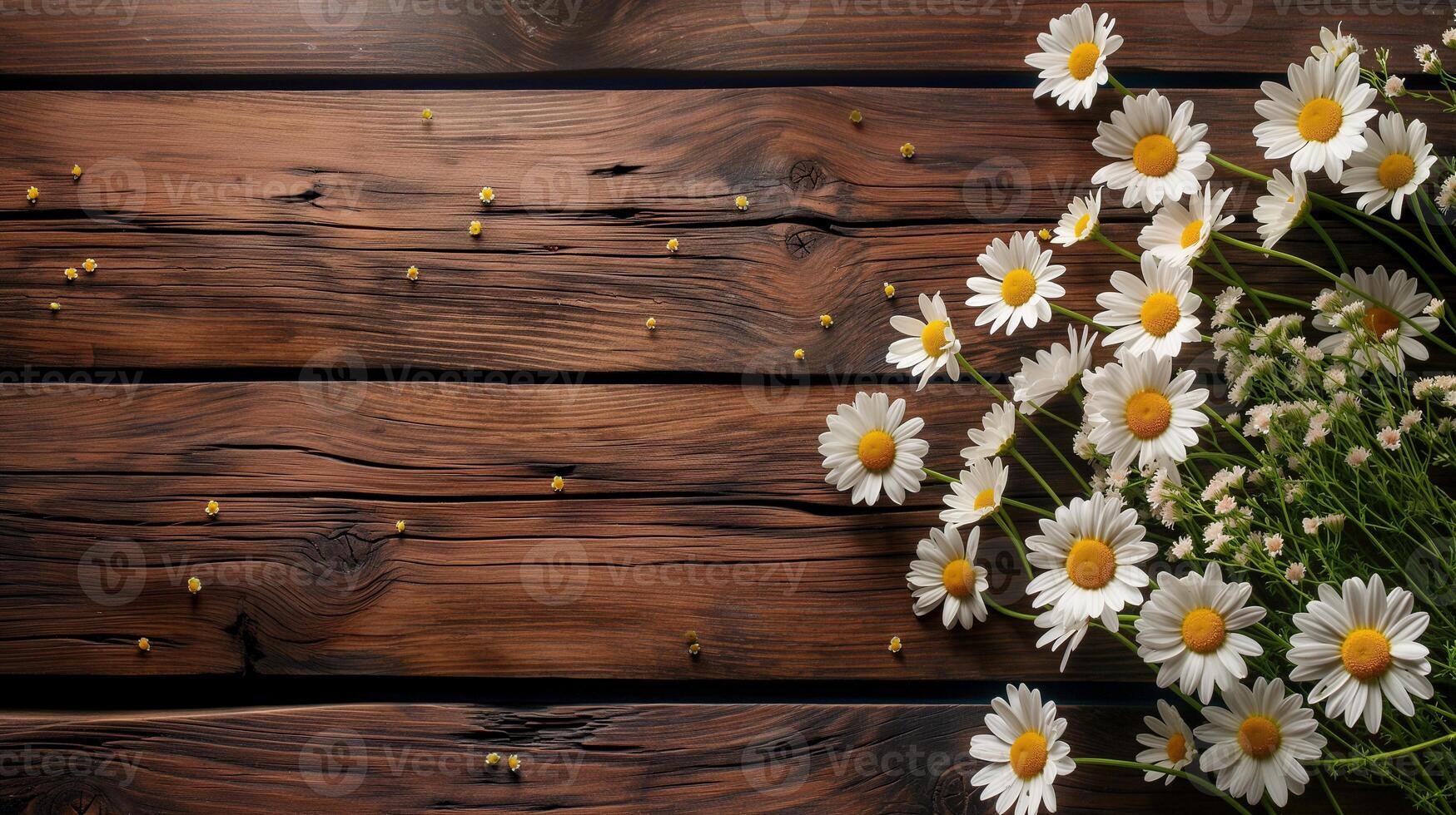 Wildflowers on rustic wooden table banner background copy space. Gentle chamomiles bouquet on desk image backdrop empty. Floral display concept composition top view, copyspace photo