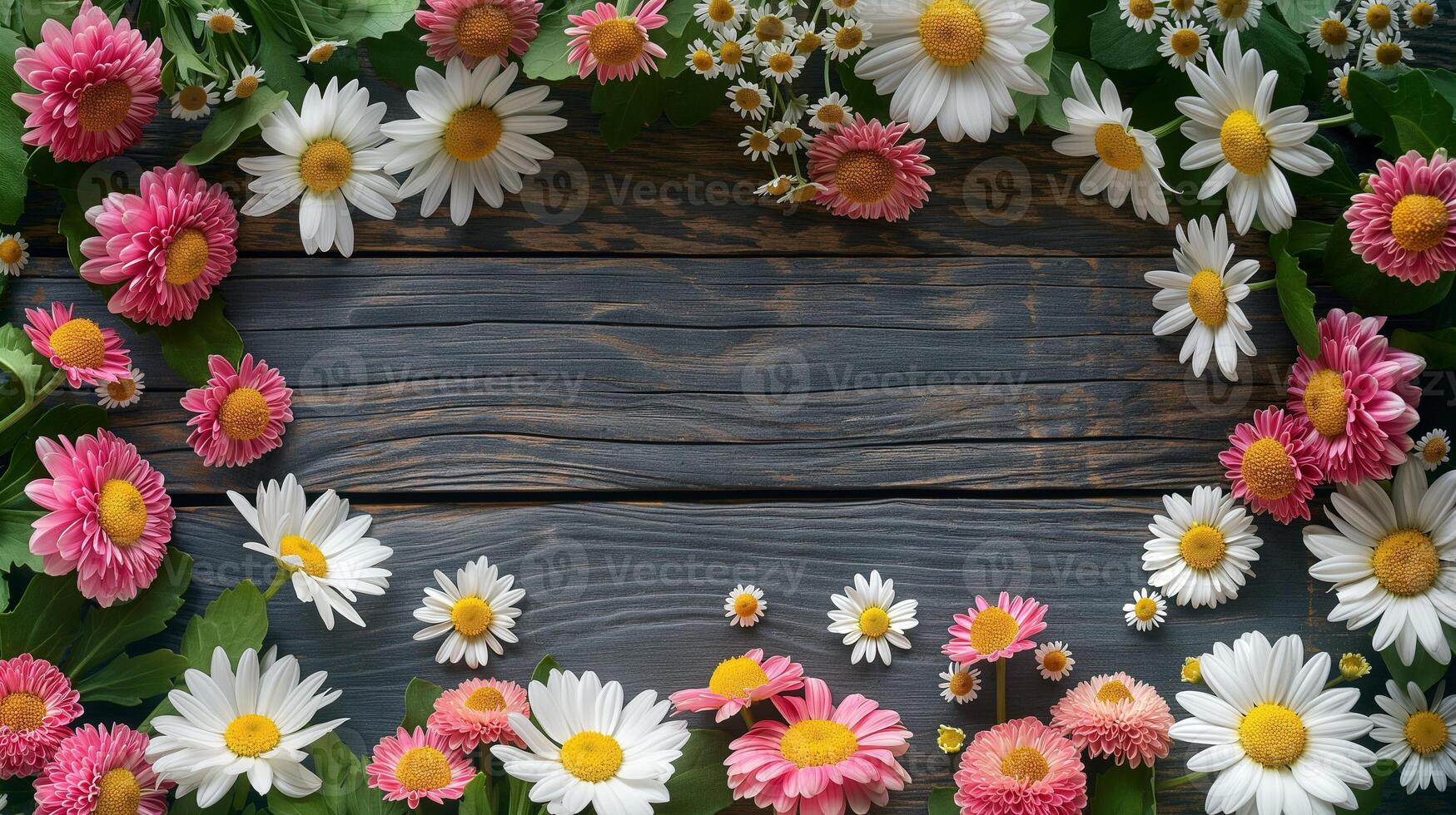 Flowers wreath on old wooden frame banner background copy space. Windflowers frame on board desk image backdrop empty. Spring nature concept composition top view, copyspace photo