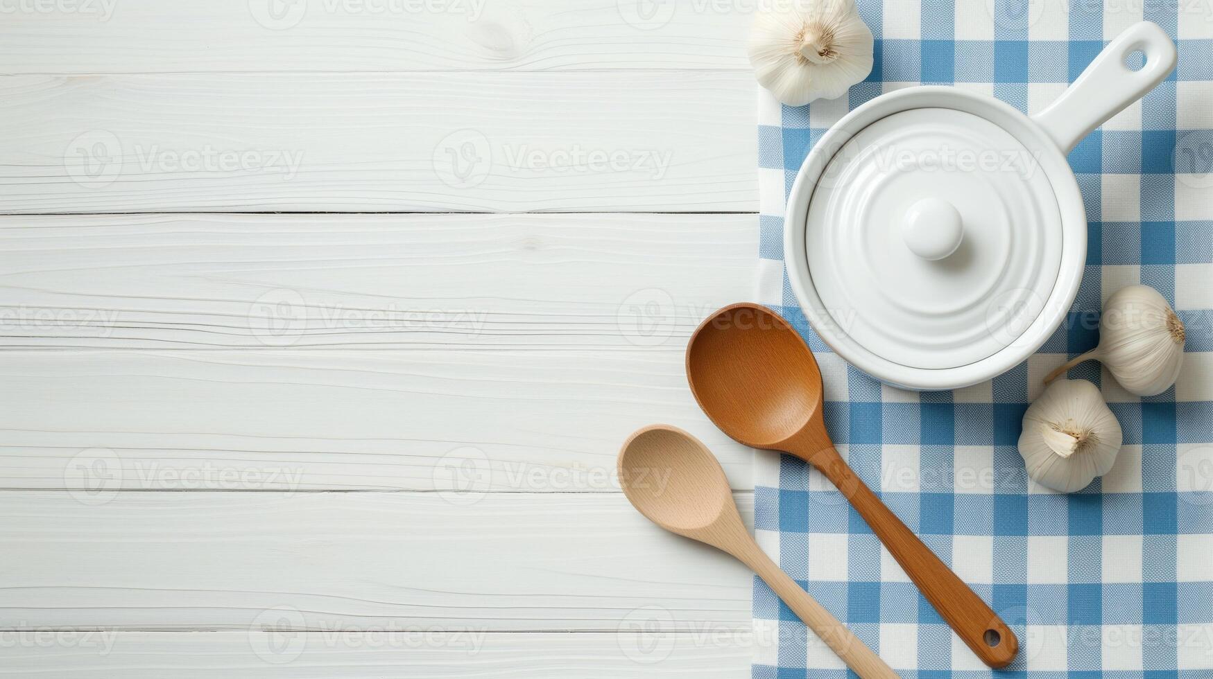 Cooking utensils on white wooden table banner background copy space. Saucepan, garlics and spoon in kitchen image backdrop empty. Food preparation concept composition top view, copyspace photo