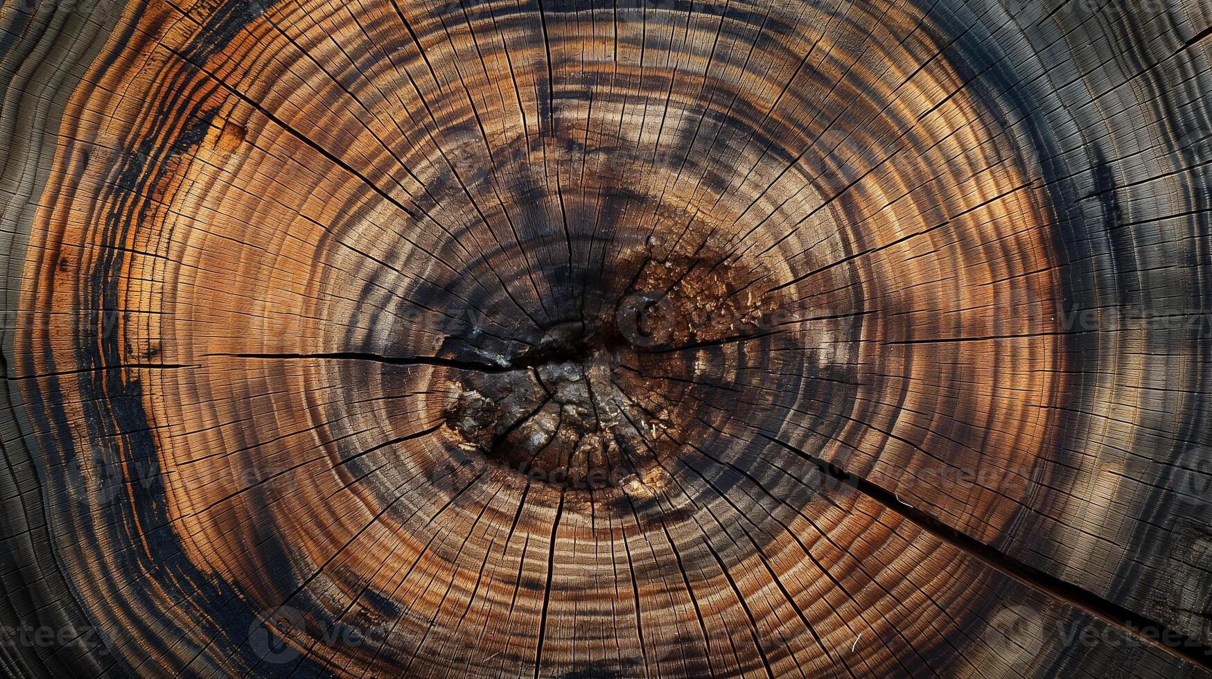 Weathered log cross section with rings pattern banner background copy space. Aged timber structure image backdrop empty. Wood material concept composition top view, copyspace photo
