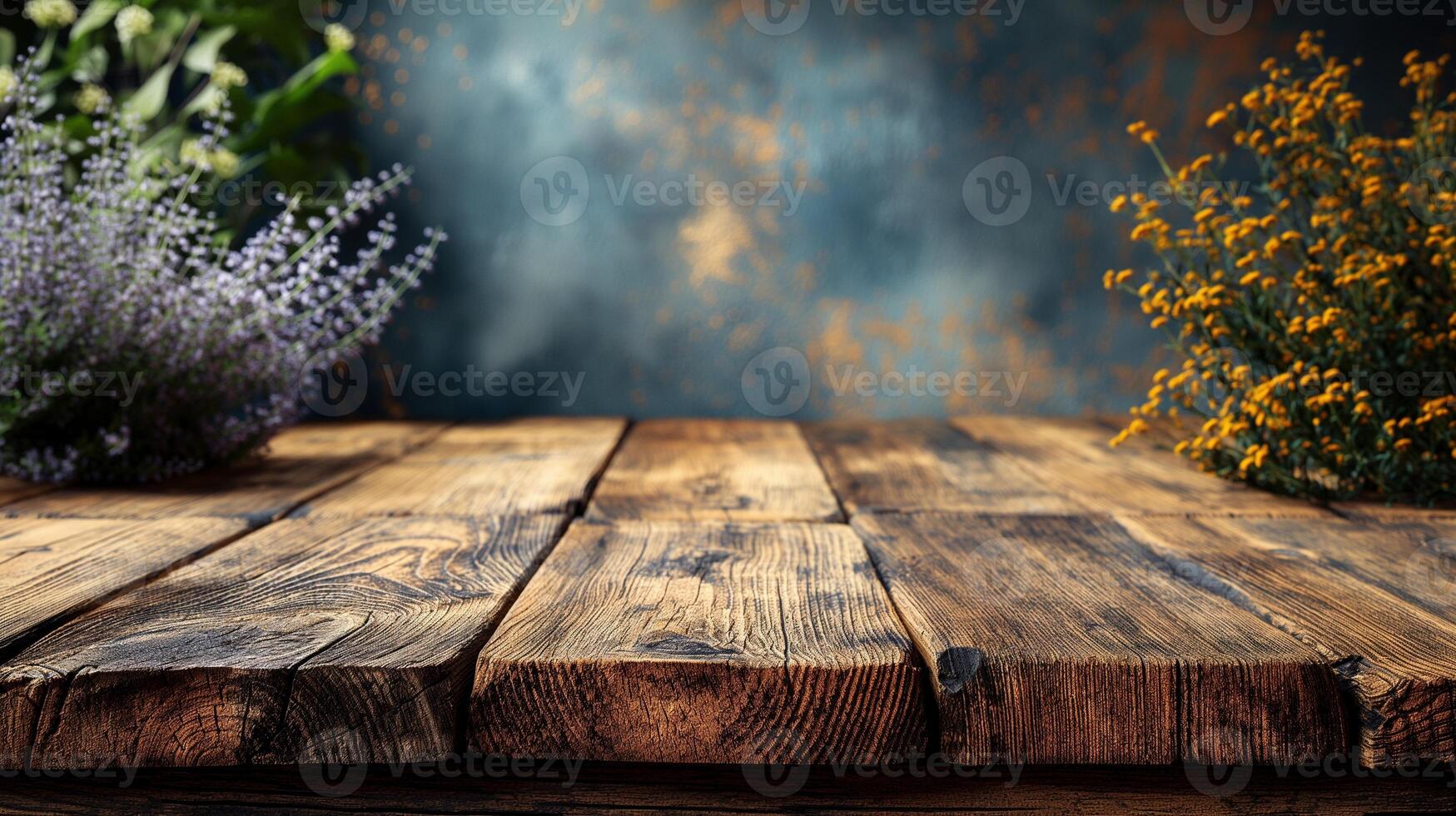 Rustic wooden table with flowers banner background copy space. Board display for goods image backdrop empty. Products placement concept composition closeup view, copyspace photo