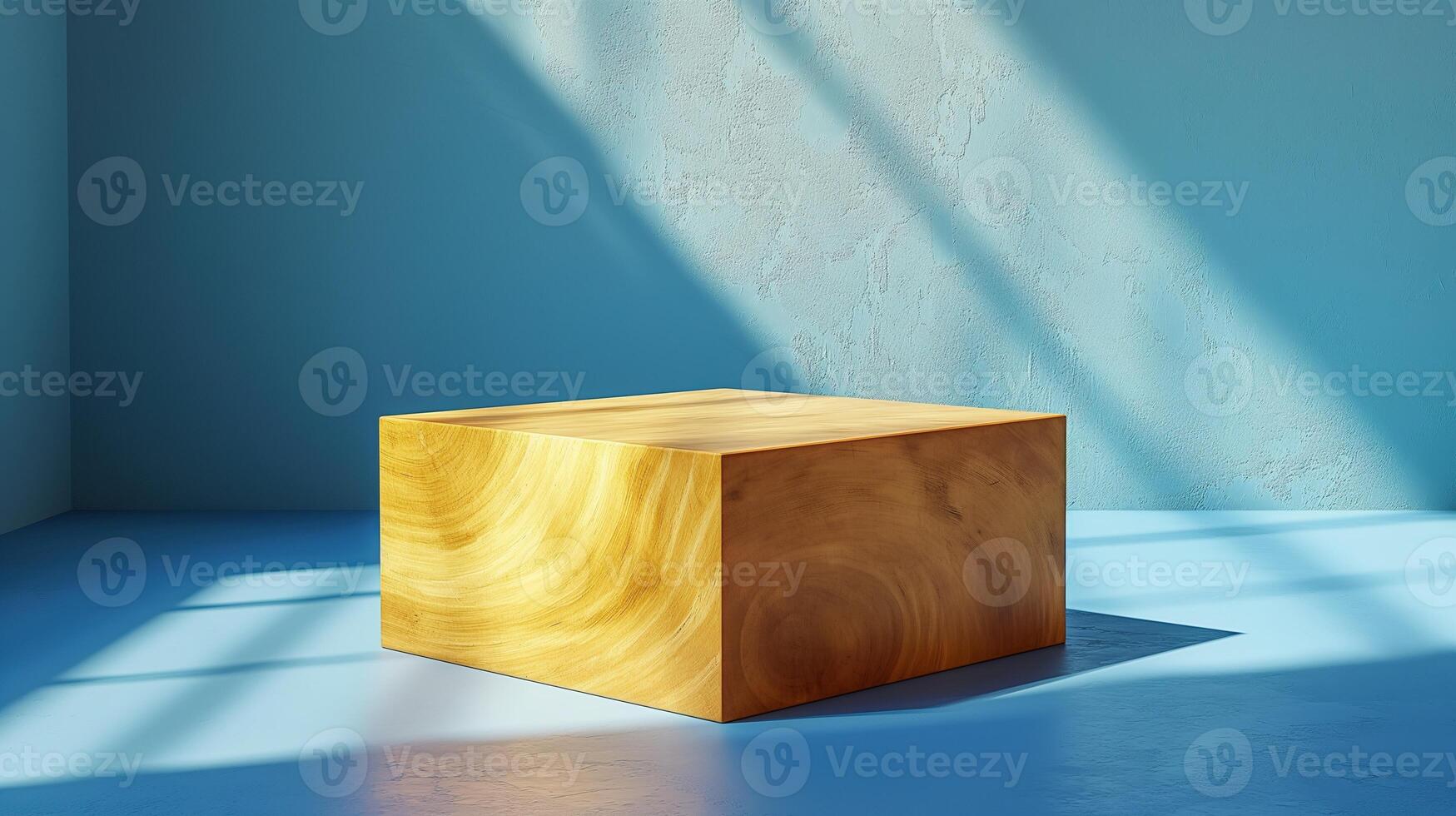 Textured wooden block near blue wall banner background copy space. Minimalist product podium image backdrop empty. Stylish presentation stage concept composition front view, copyspace photo