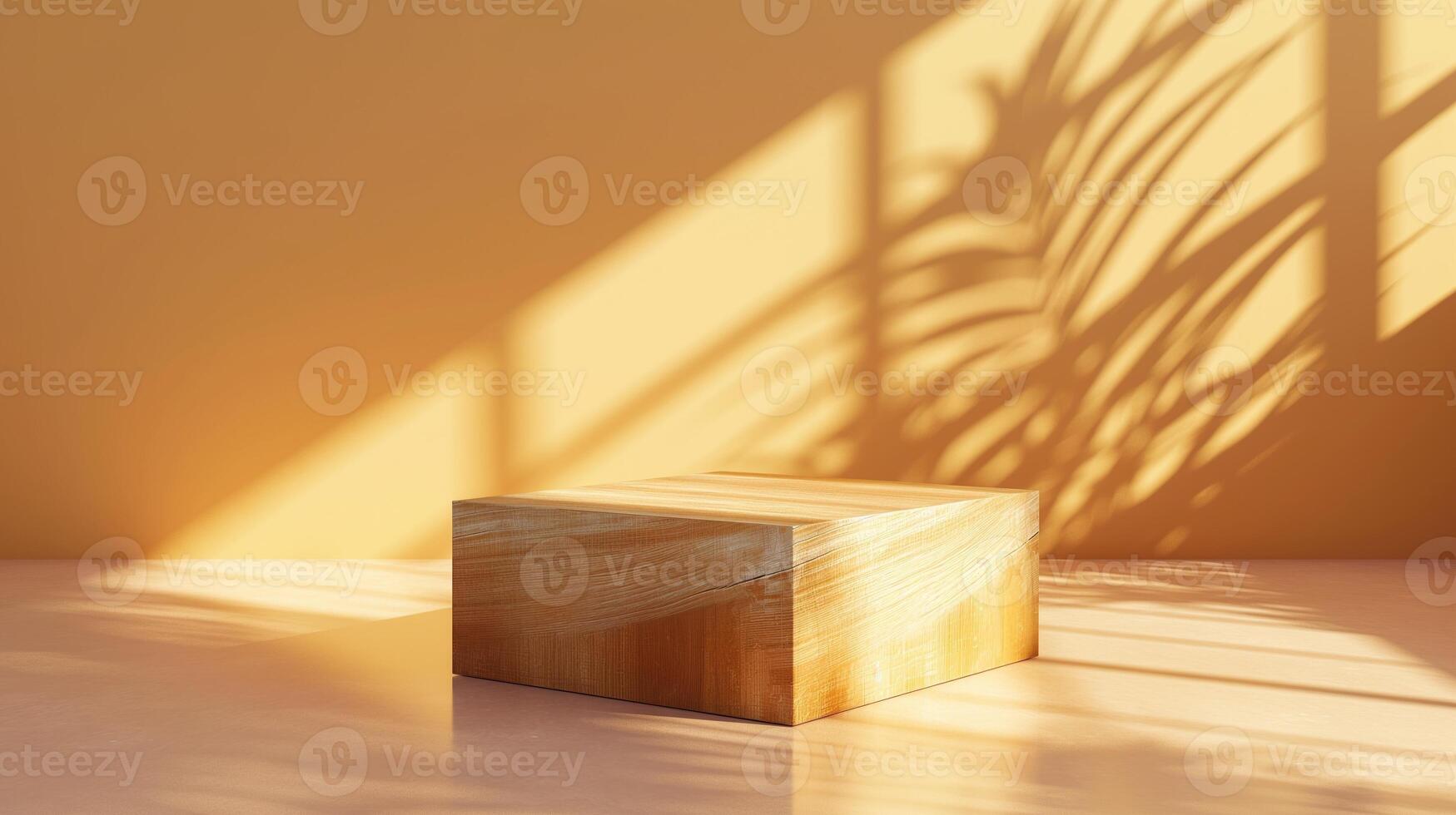 Wooden podium near yellow wall with shades pattern banner background copy space. Minimalist design of product image backdrop empty. Commerce concept composition front view, copyspace photo