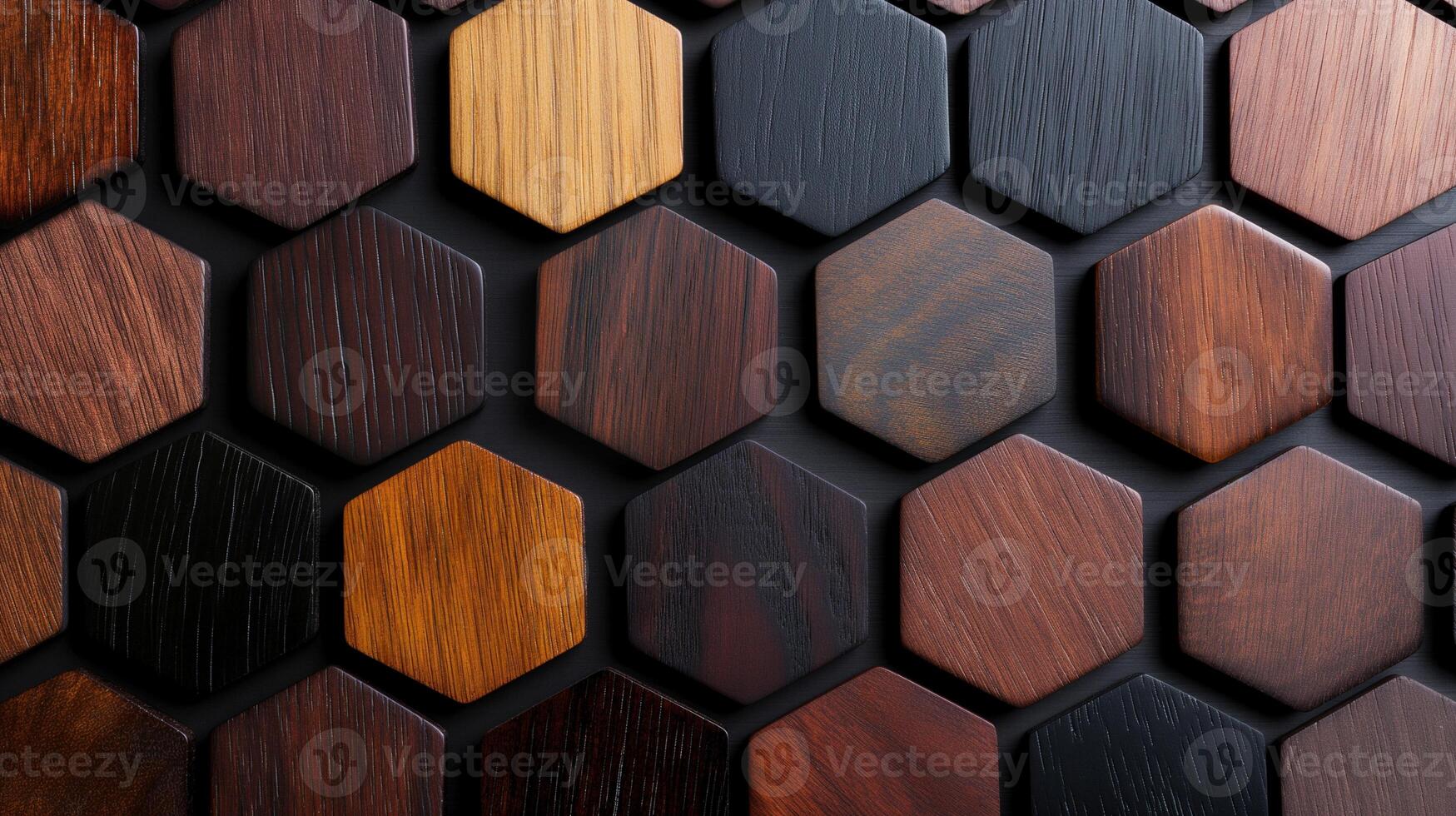 Handmade hexagonal wooden tiles banner background copy space. Trendy geometric pattern of timber tiles image backdrop empty. Interior design concept composition top view, copyspace photo
