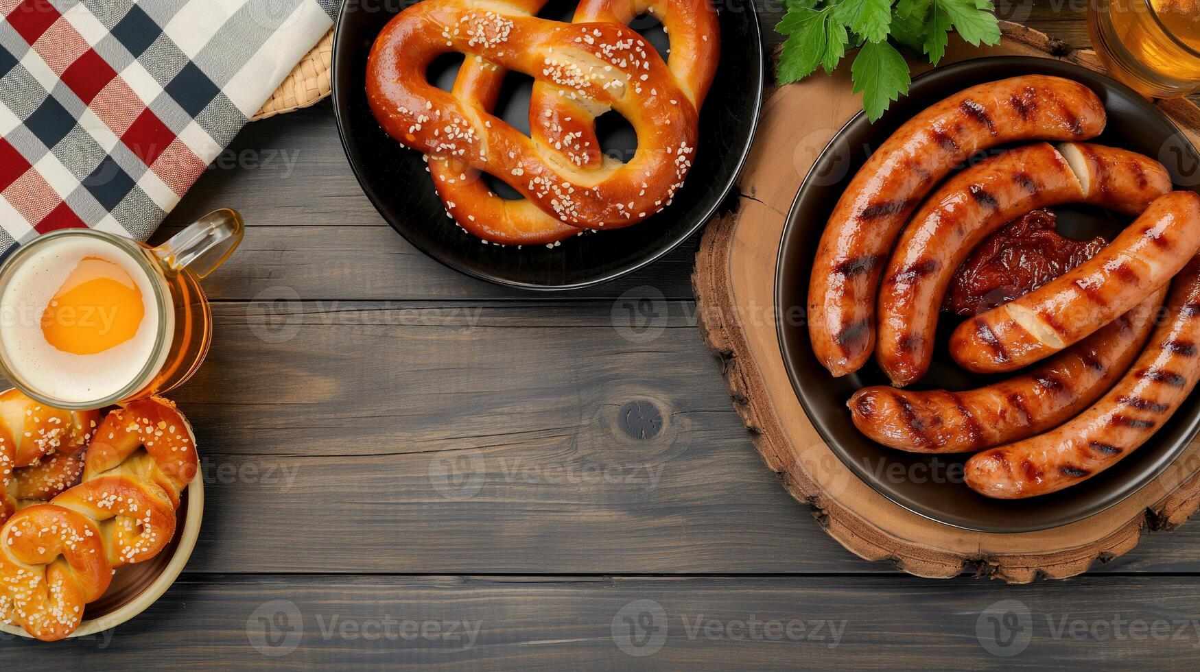 Grilled sausages oktoberfest dinner banner background copy space. Beer and food on wooden table image backdrop empty. German cuisine concept composition top view, copyspace photo
