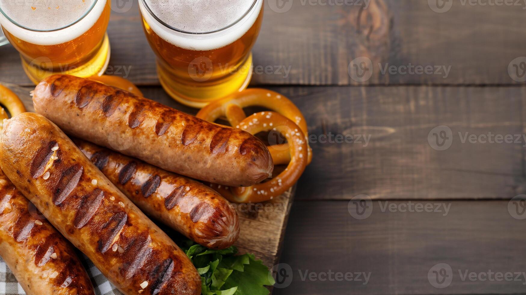 Tasty grilled sausages and beer on wooden table banner background copy space. Traditional oktoberfest food image backdrop empty. Eating concept composition top view, copyspace photo
