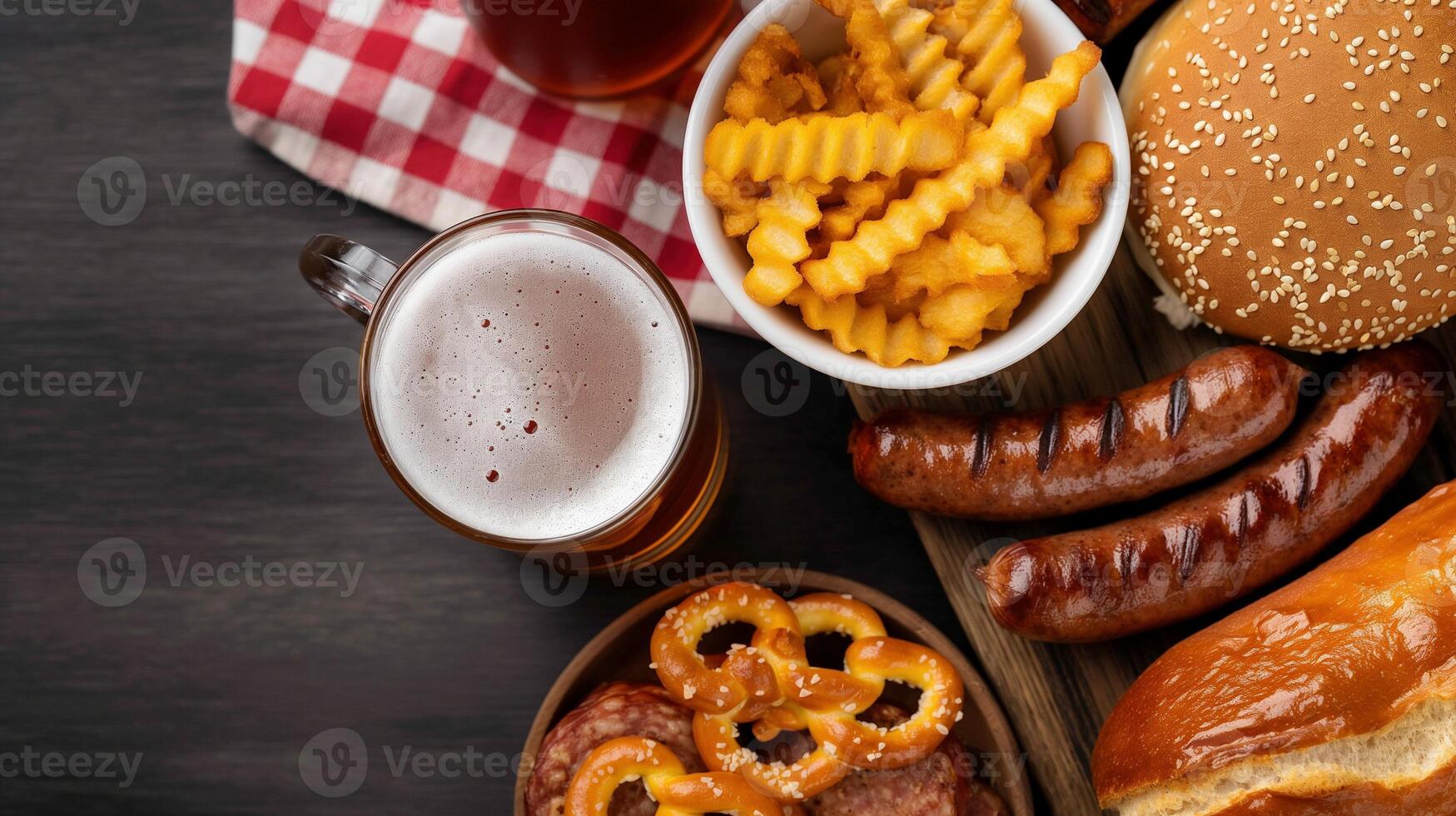 Fast food snacks and beer on wooden table banner background copy space. Nutritious dinner in cafe image backdrop empty. Eating habits concept composition top view, copyspace photo