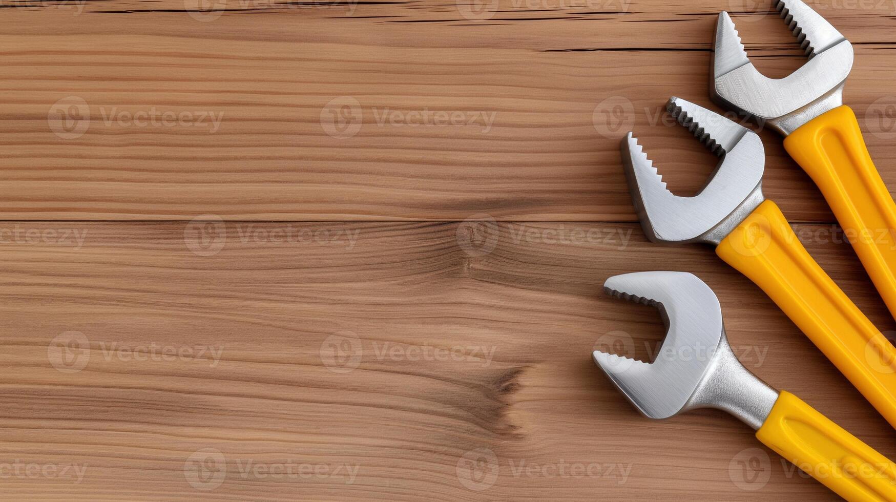Wrenches kit in car repair workshop banner background copy space. Handyman working tools on wooden table image backdrop empty. Maintenance concept composition top view, copyspace photo