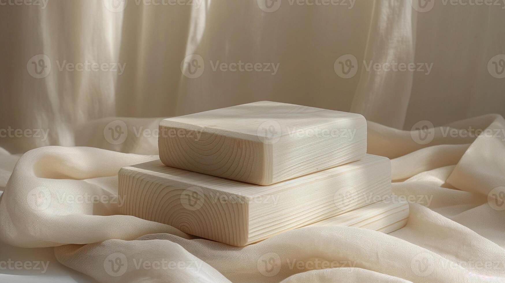 Wood blocks on gentle fabric banner background copy space. Elegant product showcase image backdrop empty. Wooden stage for commerce concept composition front view, copyspace photo