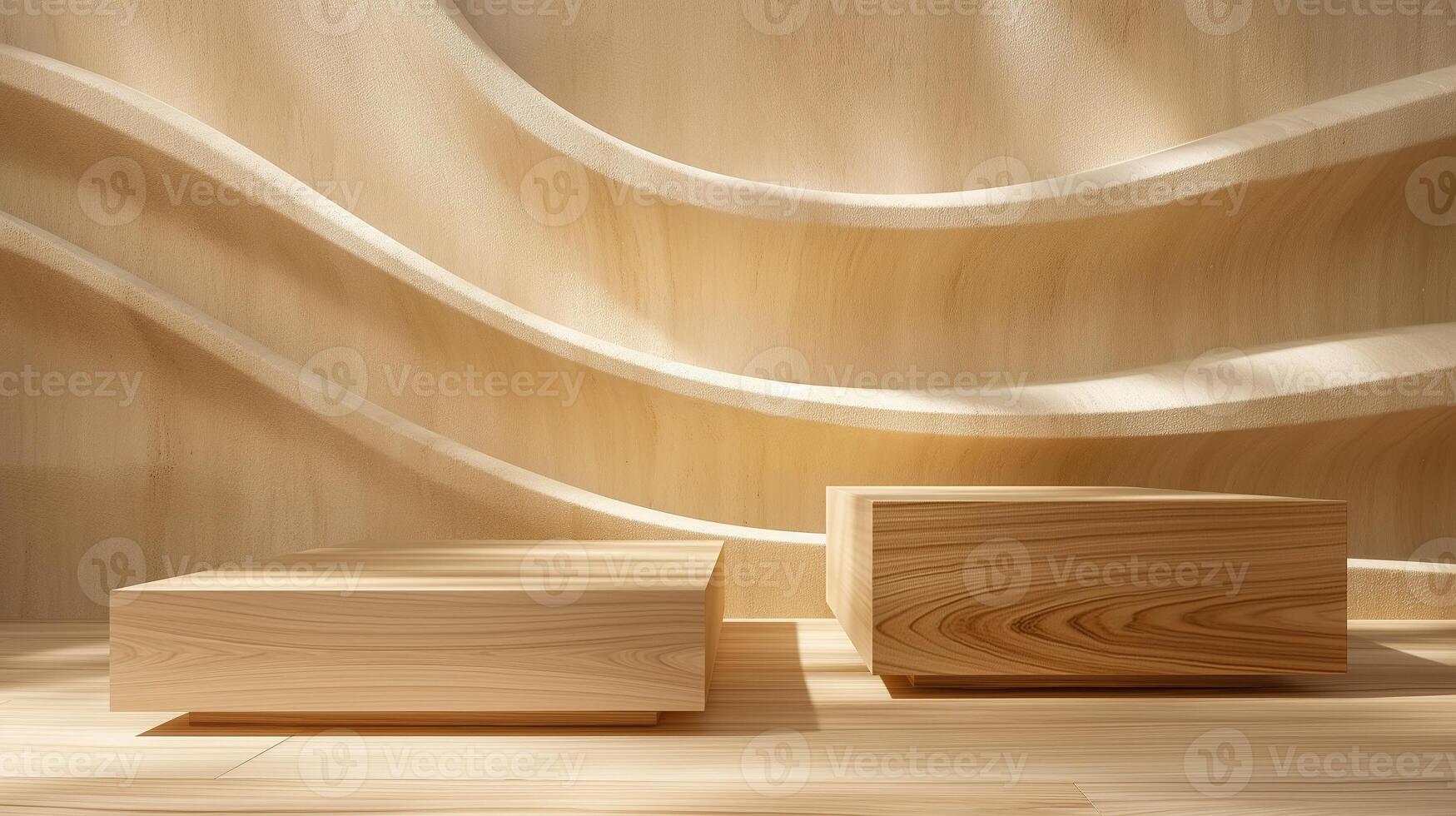 Simple wooden blocks by patterned wall banner background copy space. Minimalist product podiums image backdrop empty. Timber in business design concept composition front view, copyspace photo