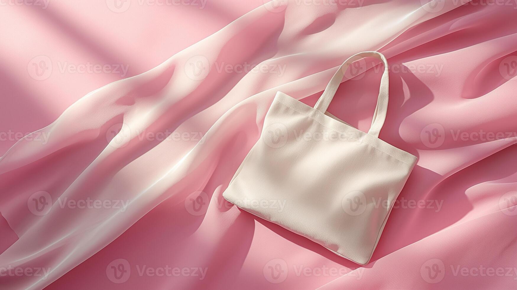 Minimalist canvas tote bag mockup on soft flowing pink fabric. Reusable totebag. Eco-friendly sustainable fashion-forward product template advertising image. Mock up photorealistic photo