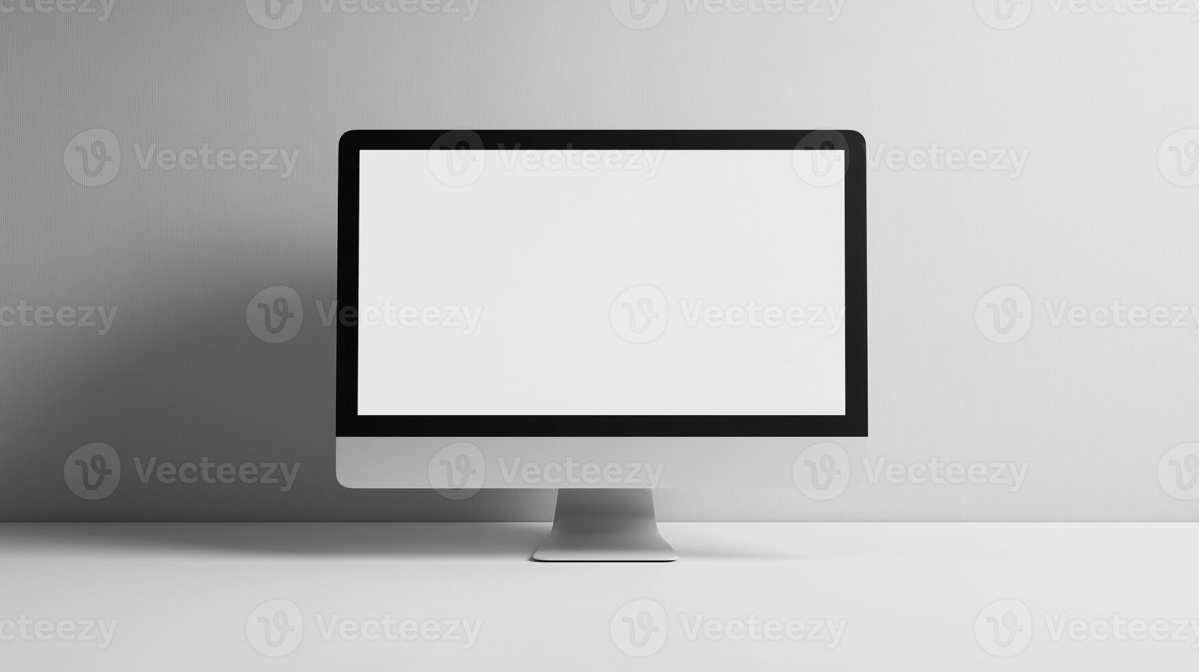 Mockup computer monitor on white background. Powerful gaming pc display on empty table template advertising image. Digital equipment mock up screen demonstration product photorealistic photo