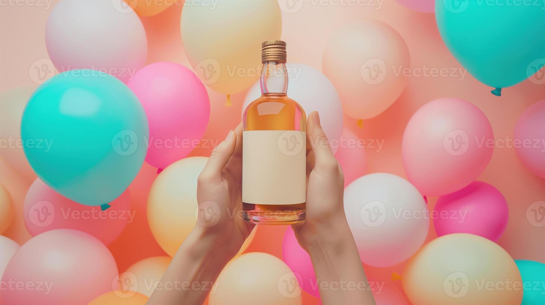 Hands holding liquor bottle label mockup with pastel balloons. Alcohol drink. Celebration, gift-giving baloons template advertising image. Ballons mock up product photorealistic photo