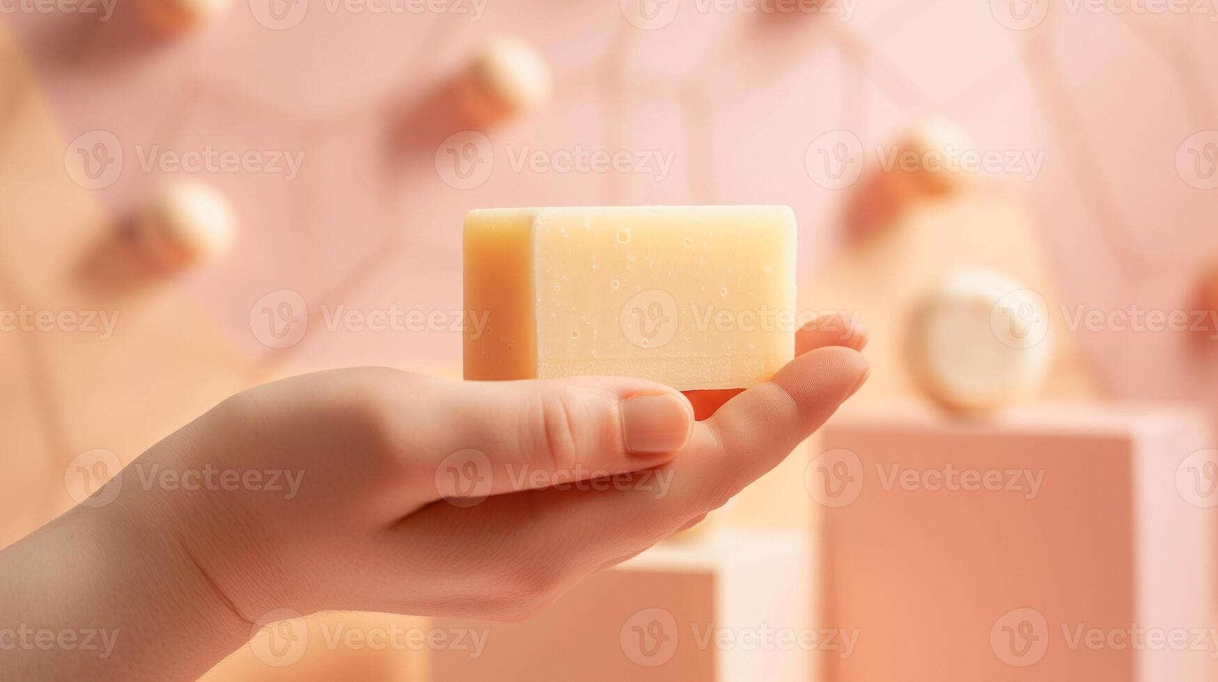 Hand presenting natural bar soap mockup against beige pink background. Beauty routine. Gentle skincare. Handmade soap template advertising image. Mock up product photorealistic photo