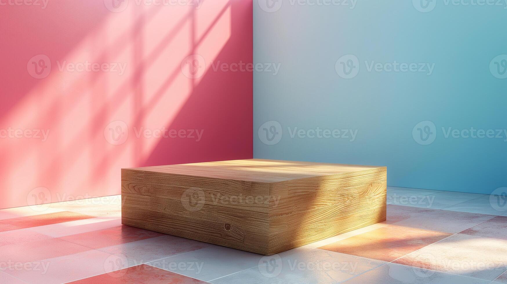 Empty wooden stage indoors banner background copy space. Commercial podium presentation image backdrop empty. Business product stage concept composition front view, copyspace photo