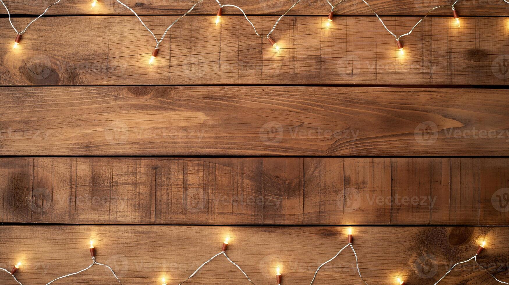 Festive lights on wooden tabletop banner background copy space. Holiday garland frame on display image backdrop empty. Products promo concept composition top view, copyspace photo
