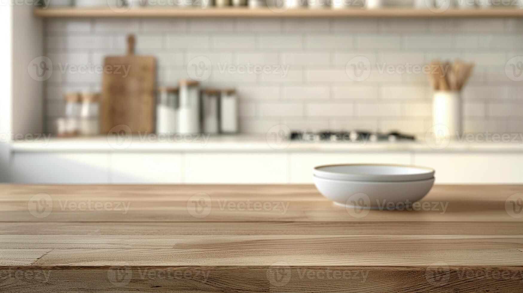 Plates on wooden table in kitchen banner background copy space. Dishware on minimalist countertop image backdrop empty. Food preparation concept composition front view, copyspace photo