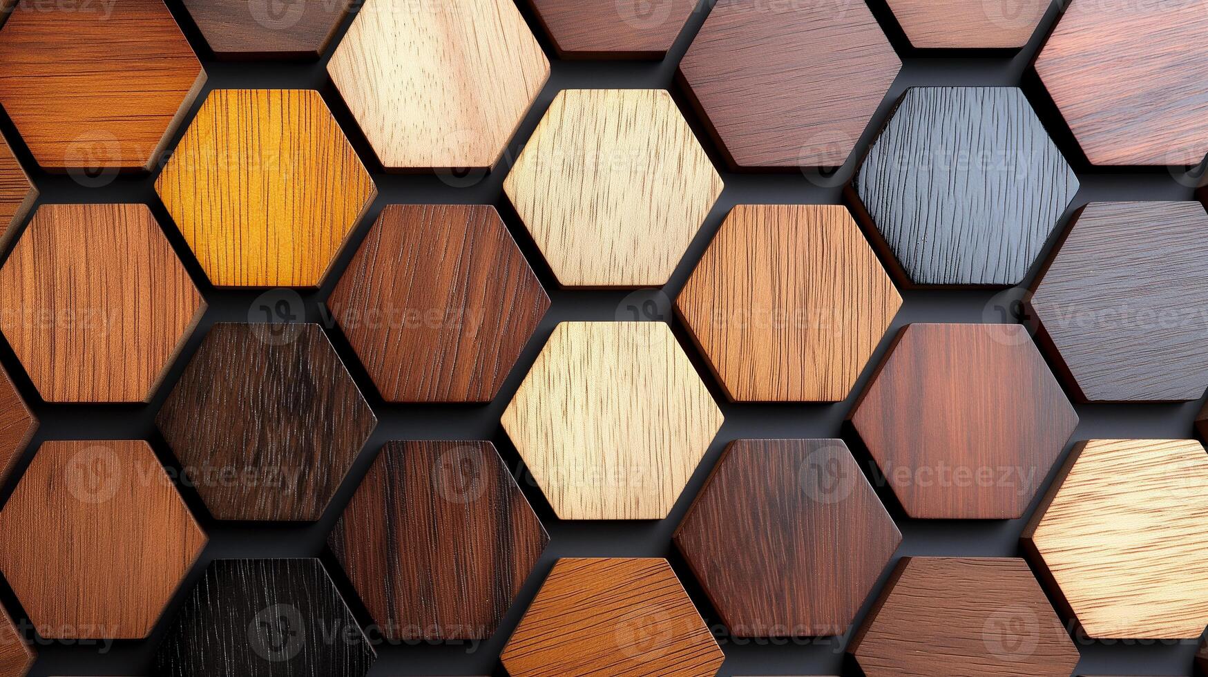 Wooden hexagon shapes ornament banner background copy space. Geometric pattern of polished timber image backdrop empty. Home decor ideas concept composition top view, copyspace photo