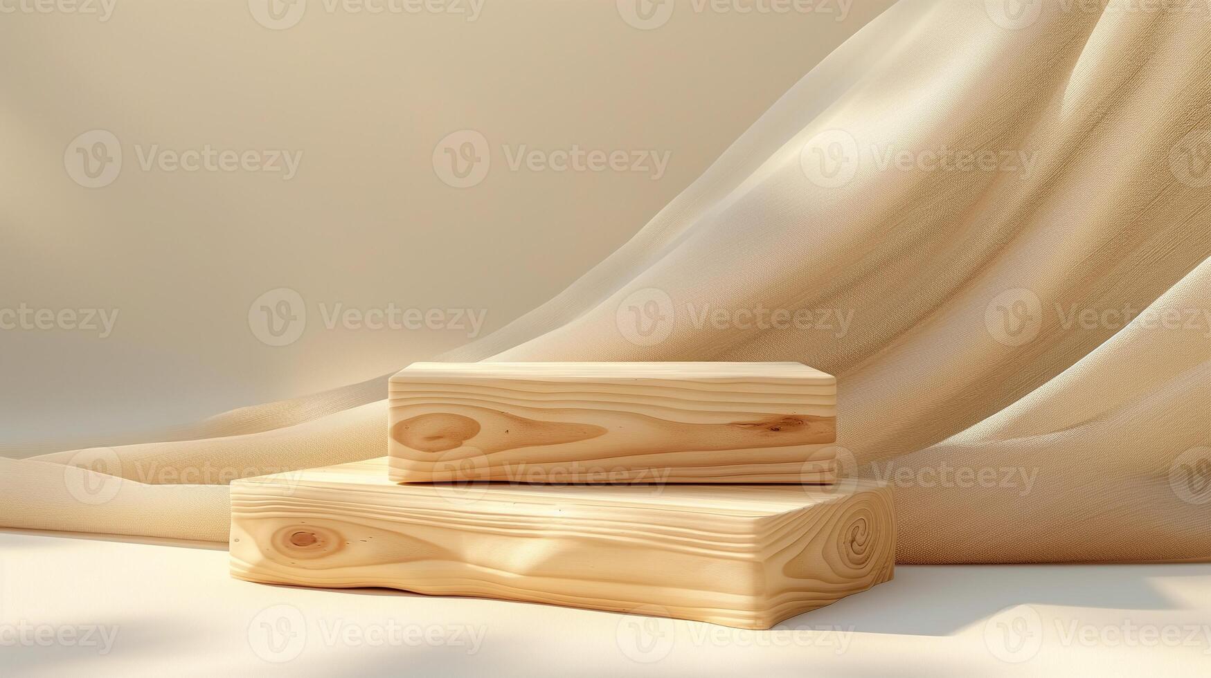 Wooden blocks and chiffon fabric banner background copy space. Product display wood blocks image backdrop empty. Business presentation concept composition front view, copyspace photo
