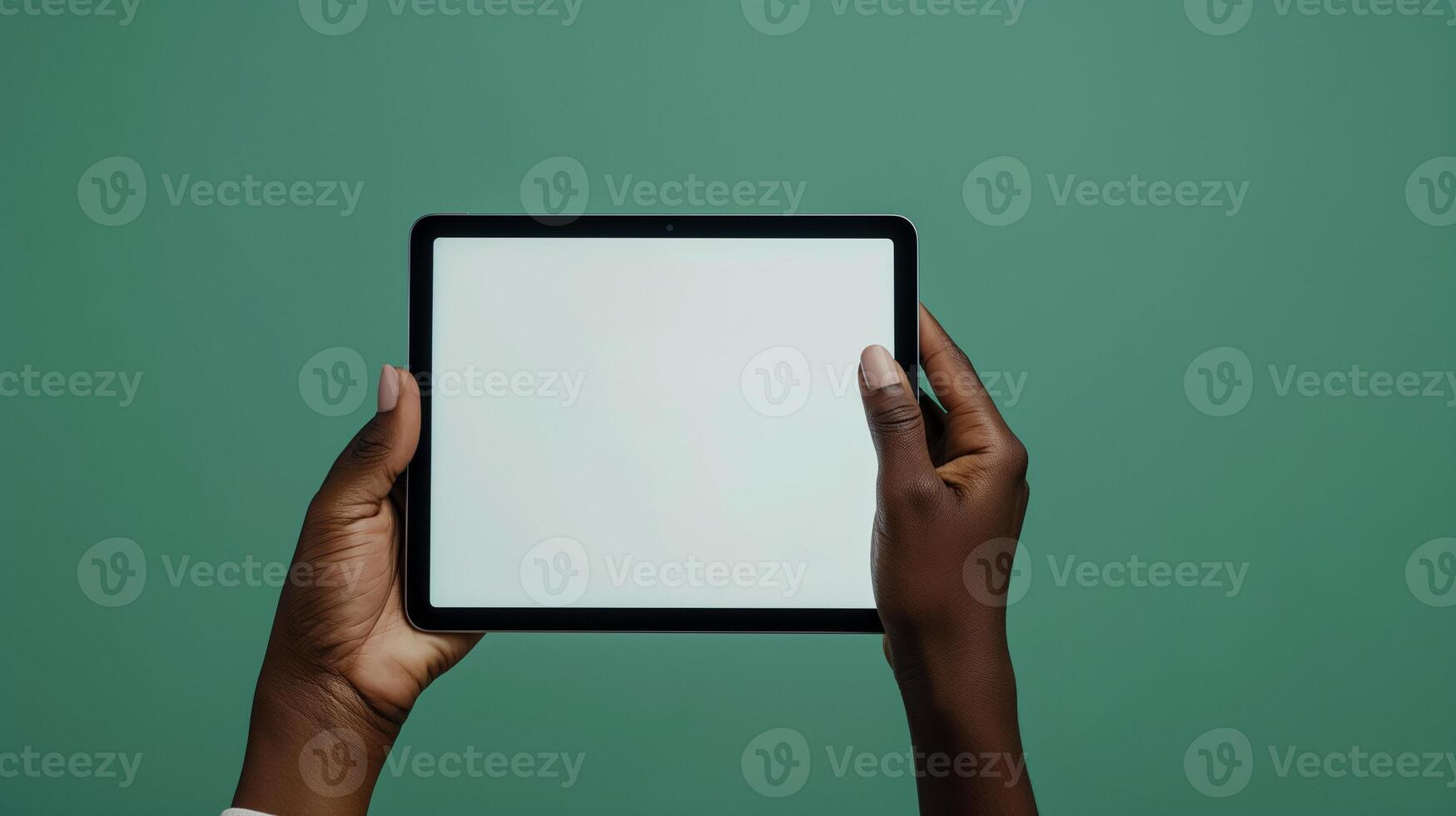 Two african american hands holding blank tablet mockup with green backdrop. Minimalist technology, device usage template advertising image. Tech, education, business presentation mock up photo