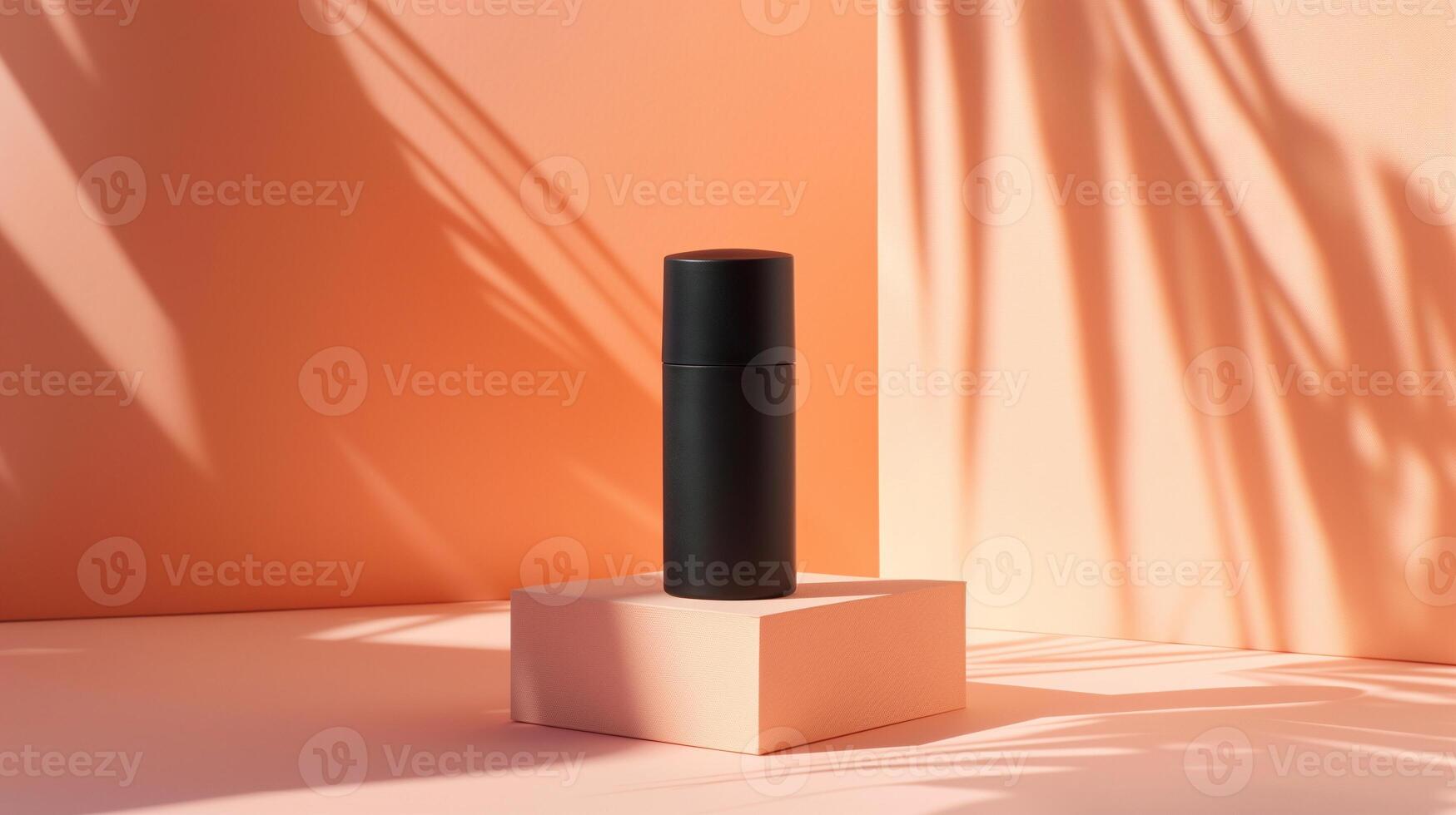 Sleek black bottle mockup displayed in minimalist peach leaves shadows. Beverage container. Luxury cosmetics. Thermos template advertising image. Mock up product photorealistic photo