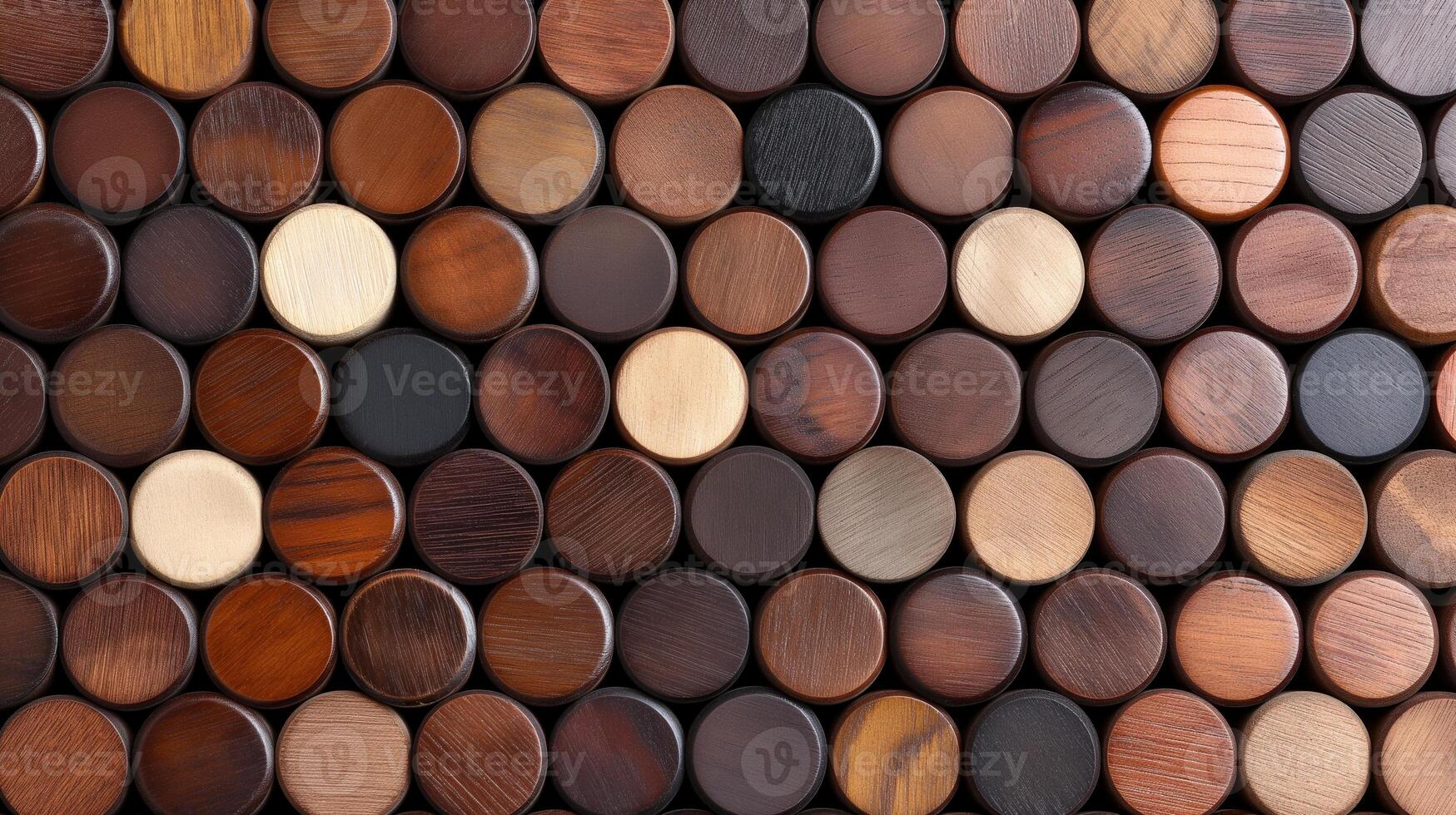 Vintage pattern of polished round wood pieces banner background copy space. Timber decor in interior image backdrop empty. Carpentry concept composition top view, copyspace photo