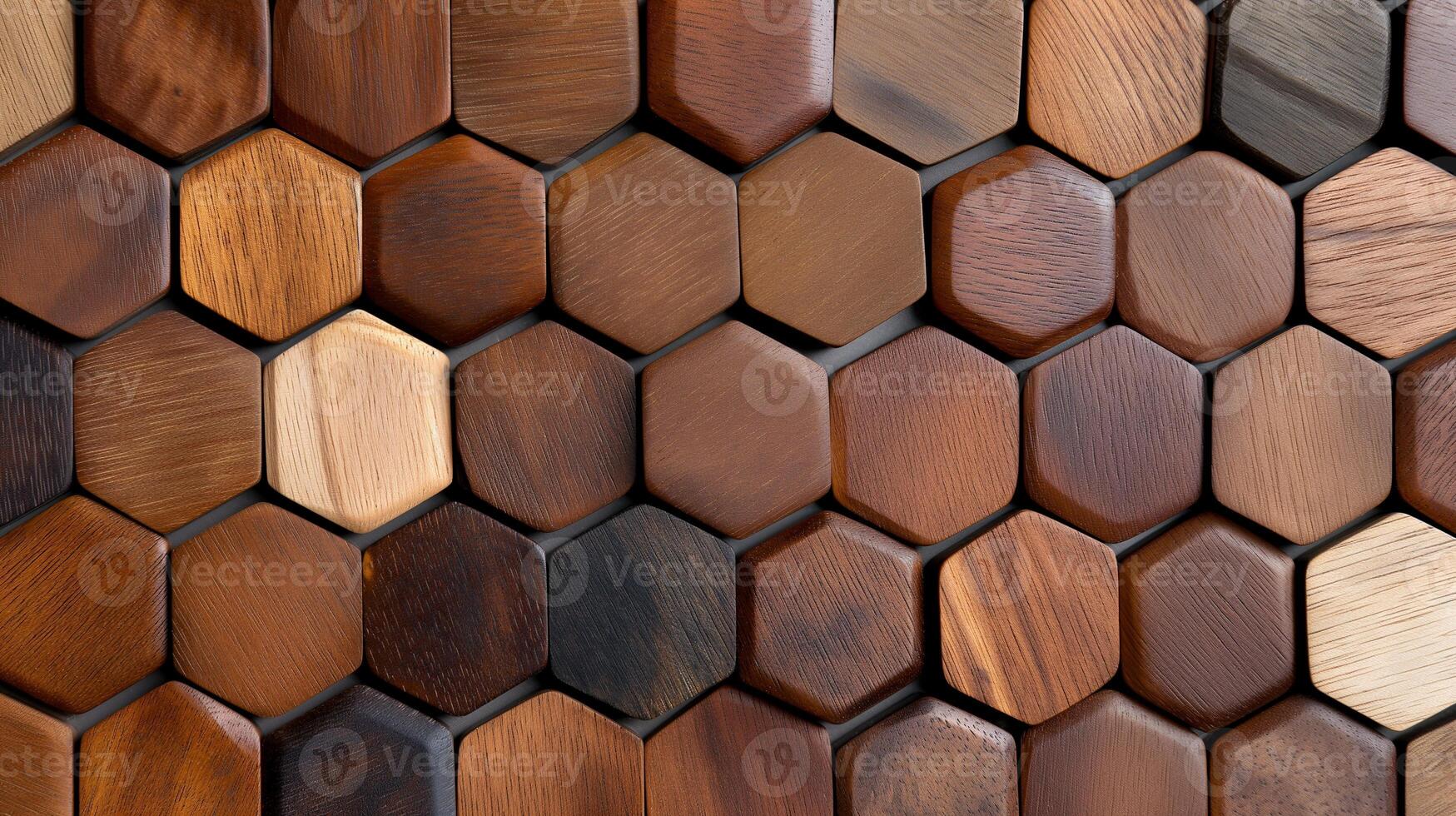 Geometric pattern of wooden hexagons banner background copy space. Timber honeycomb tiles surface image backdrop empty. Carpentry craft concept composition top view, copyspace photo