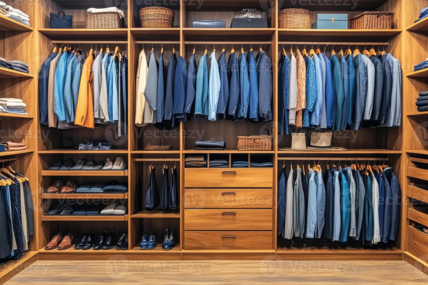 Organized closet with neatly arranged suits and accessories in a contemporary wooden wardrobe photo