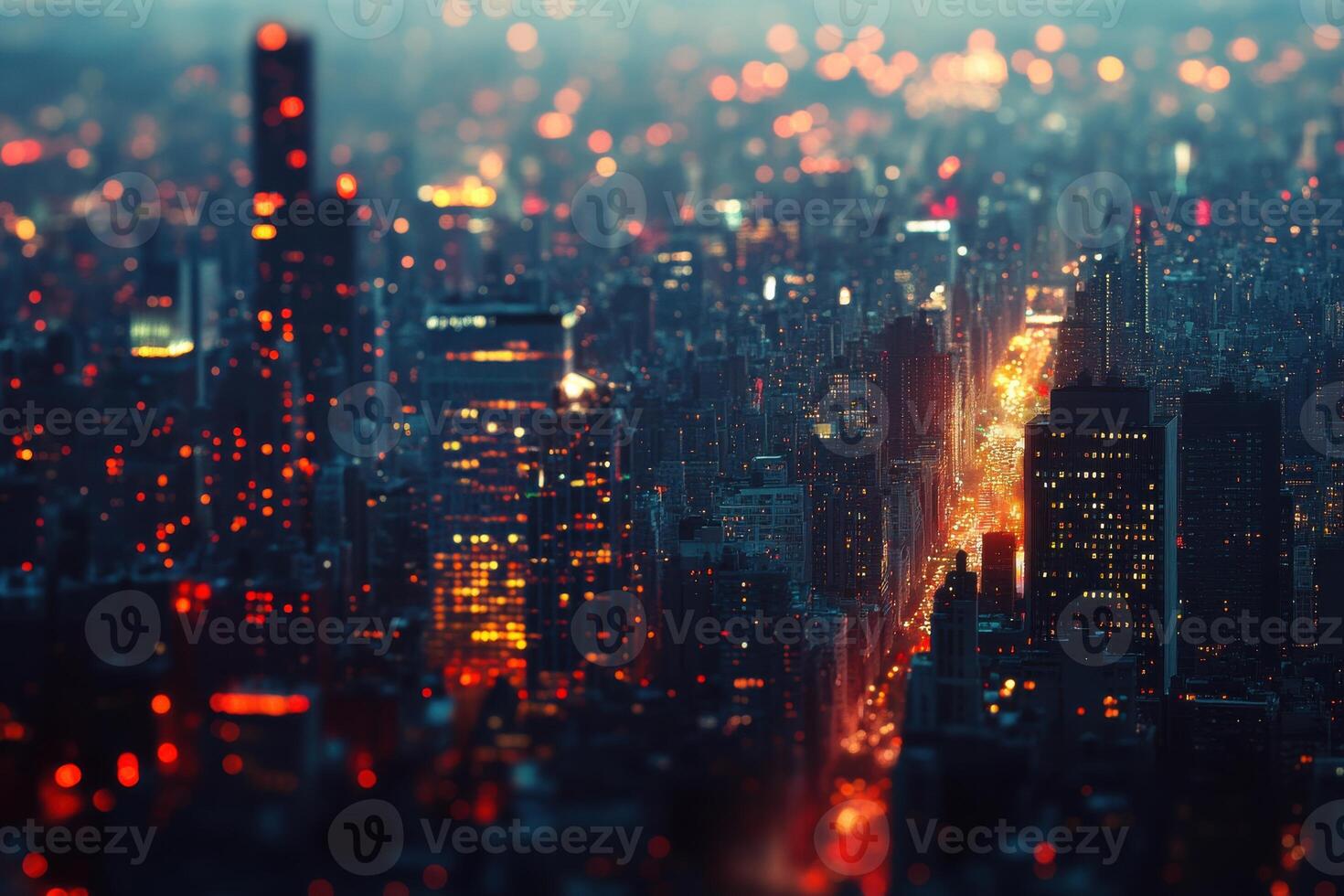 Aerial view of a bustling city skyline illuminated at night with vibrant lights and activity photo