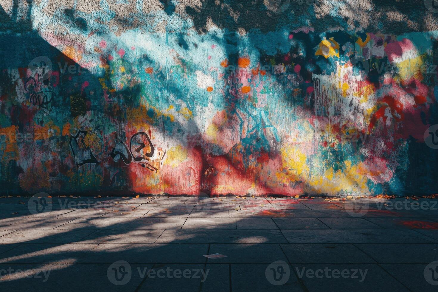 Colorful graffiti wall with vibrant patterns and textured shadows in an urban setting photo