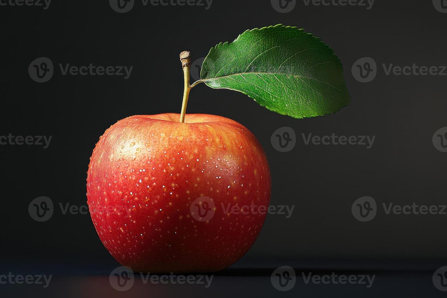 Ripe red apple with a green leaf resting on a dark surface during soft lighting photo