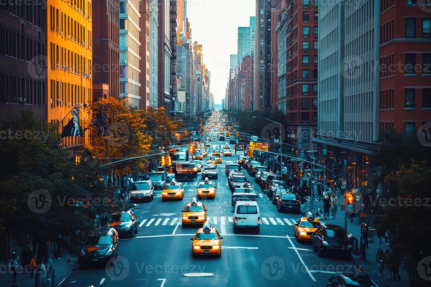 Busy urban street in the late afternoon featuring traffic and tall buildings in New York City photo