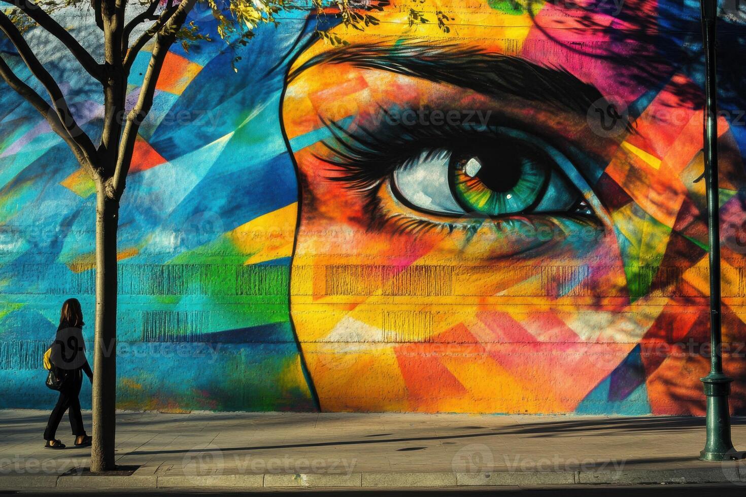 Vibrant eye mural with a colorful abstract background on a city street during daylight photo