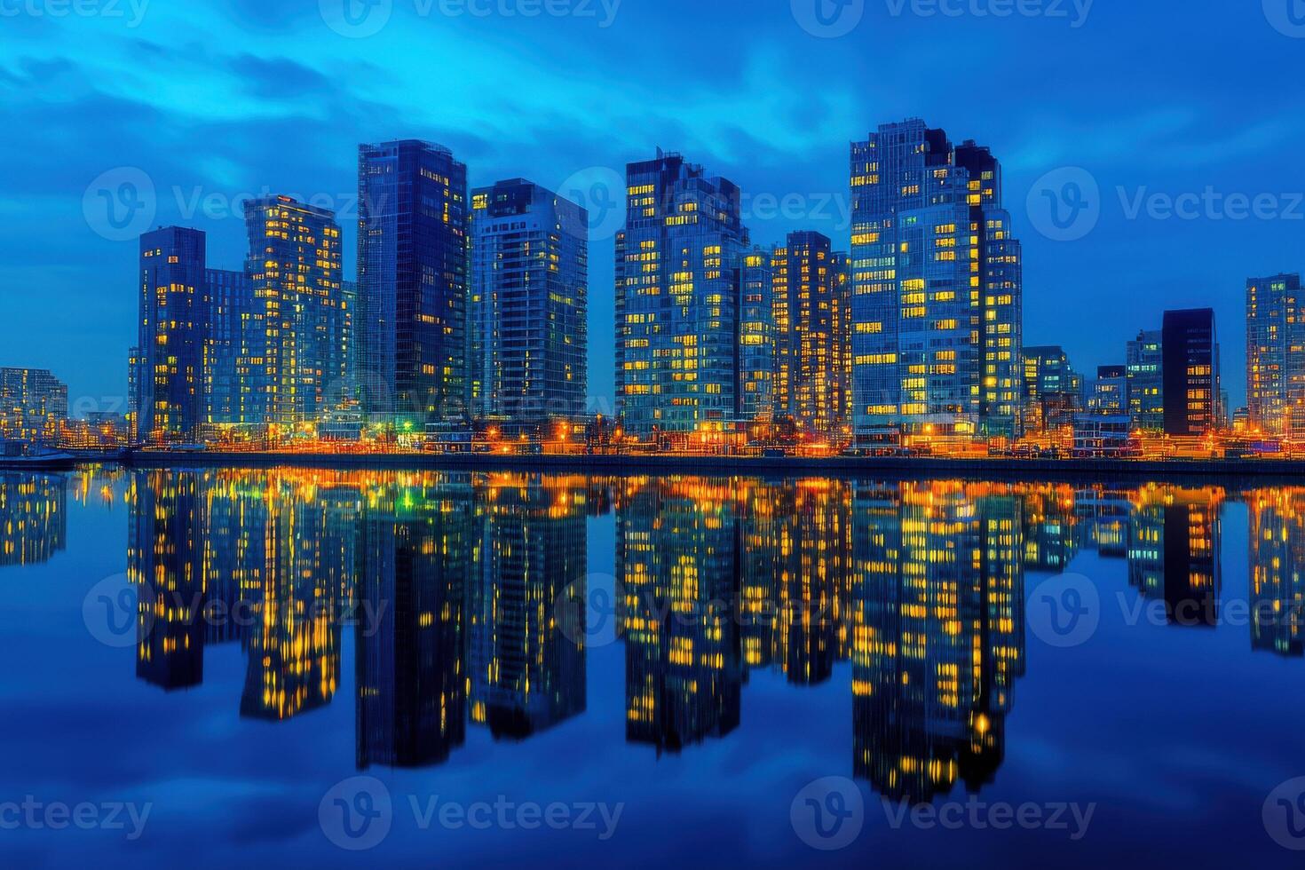 Evening skyline reflecting in water with illuminated high-rise buildings in a vibrant city photo